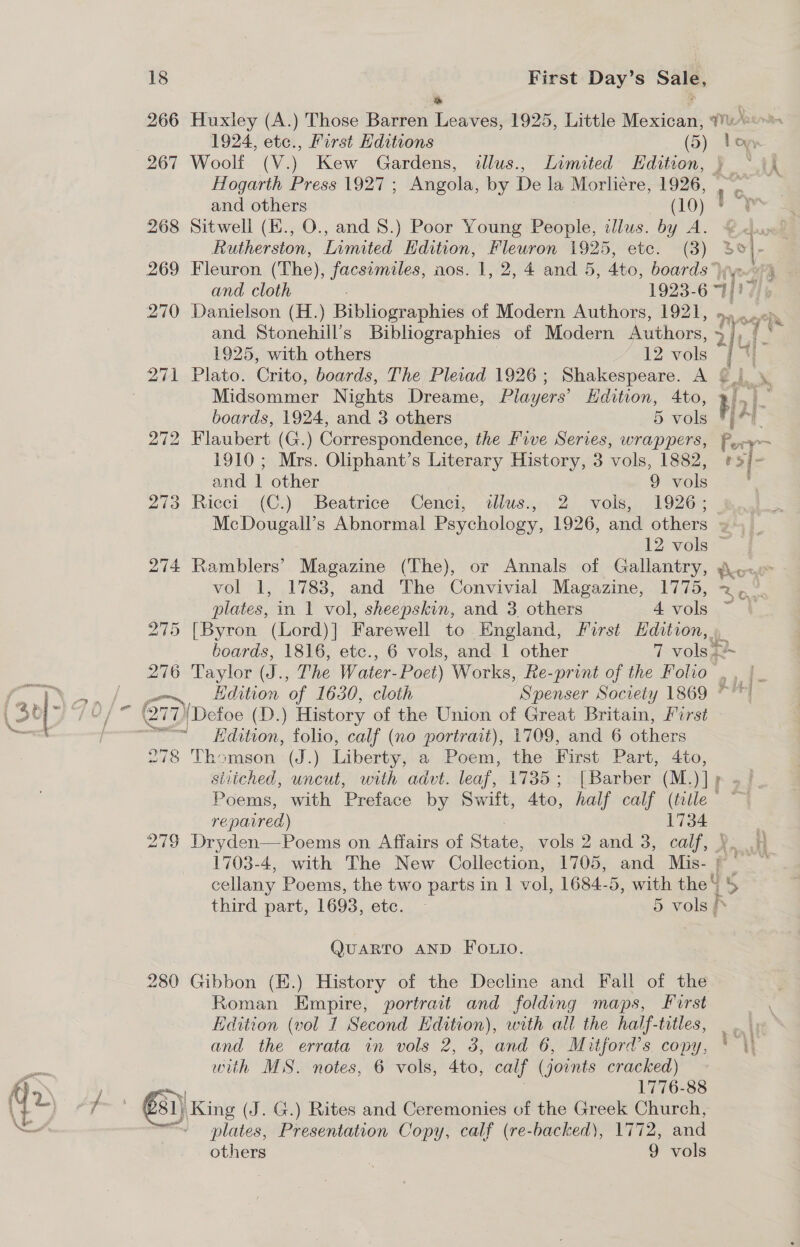 266 Huxley (A.) Those Barren Retes 1925, Little Mexican, ? 1924, etc., First Hditions (5) and others (10) * 268 Sitwell (E., O., and 8.) Poor Young People, illus. by A. Rutherston, Limited Edition, Fleuron 1925, etc. (3) | Ory 270 Danielson (H.) Bibliographies of Modern Authors, 1921, | 1925, with others 12 ¥ls boards, 1924, and 3 others 5 vols 1910; Mrs. Oliphant’s Literary History, 3 vols, 1882, and 1 other 9 vols 273 Ricci. (C.) Beatrice Cenci, illus., 2 vols, 1926; 12: vols = plates, in 1 vol, sheepskin, and 3. others 4 vols 275 [Byron (Lord)] Farewell to.England, First Hdition,. pate ¥ Edition, folio, calf (no portrait), 1709, and 6 others 278 Thomson (J.) Liberty, a Poem, the First Part, 4to, siiiched, uncut, with advt. leaf’, 1735 ; [Barber (M.)]; my repaired) ae 1703-4, with The New Collection, 1705, and Mis- | cellany Poems, the two parts in | vol, 1684-5, rae the* third part, 1693, ete... Hai QuUARTO AND FOoOLio. 280 Gibbon (E.) History of the Decline and Fall of the Roman Empire, portrait and folding maps, First Edition (vol 1 Second Hdition), with all the half-titles, and the errata in vols 2, 3, and 6, Mitford's. copy, with MS. notes, 6 vols, Ato, calf (joints cracked) 1776-88 €s1) King (J. G.) Rites and Ceremonies of the Greek Church, ne Presentation Copy, calf (re-backed), 1772, and others 9 vols