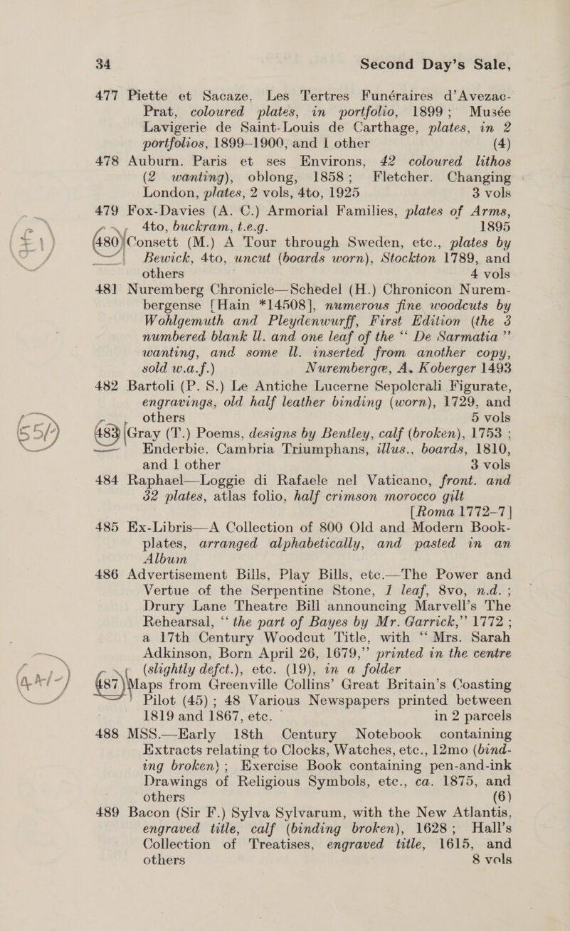 477 Piette et Sacaze. Les Tertres Funéraires d’Avezac- Prat, coloured plates, in portfolio, 1899; Musée Lavigerie de Saint-Louis de Carthage, plates, in 2 portfolios, 1899-1900, and | other (4) 478 Auburn. Paris et ses Environs, 42 coloured lthos (2 wanting), oblong, 1858; Fletcher. Changing - London, plates, 2 vols, 4to, 1925 3 vols 479 Fox-Davies (A. C.) Armorial Families, plates of Arms, , Ato, buckram, t.e.g. 1895 Gade ‘onsett (M.) A Tour through Sweden, etc., plates by _ Bewick, 4to, uncut (boards worn), Stockton 1789, and others 4 vols 48] Nuremberg Chronicle—Schedel (H.) Chronicon Nurem- bergense [Hain *14508], numerous fine woodcuts by Wohlgemuth and Pleydenwurff, First Edition (the 3 numbered blank ll. and one leaf of the ** De Sarmatia ”’ wanting, and some Il. inserted from another copy, sold w.a.f.) Nuremberge, A. Koberger 1493 482 Bartoli (P. 8.) Le Antiche Lucerne Sepolcrali Figurate, engravings, old half leather binding (worn), 1729, and r others 5 vols 483 |Gray (T.) Poems, designs by Bentley, calf (broken), 1753 ; —=— Enderbie. Cambria Triumphans, illus., boards, 1810, and 1 other 3 vols 484 Raphael—Loggie di Rafaele nel Vaticano, front. and 32 plates, atlas folio, half crimson morocco gilt [Roma 1772-7 | 485 Ex-Libris—A Collection of 800 Old and Modern Book- plates, arranged alphabetically, and pasted in an Albuim 486 Advertisement Bills, Play Bills, etc-—The Power and Vertue of the Serpentine Stone, J leaf, 8vo, n.d. ; Drury Lane Theatre Bill announcing Marvell’s The Rehearsal, “ the part of Bayes by Mr. Garrick,” 1772 ; a 17th Century Woodcut Title, with ‘Mrs. Sarah Adkinson, Born April 26, 1679,” printed in the centre (slightly defct.), etc. (19), in a folder (87) Maps nee oe Collins’ Great Britain’s Coasting Pilot (45) ; 48 Various Newspapers printed between 1819 ay 1867, etc. in 2 parcels 488 MSS.—Early 18th Century Notebook containing Extracts relating to Clocks, Watches, etc., 12mo (bind- ung broken); Exercise Book containing “pen-and-ink Drawings of Religious Symbols, etc., ca. 1875, and others (6) 489 Bacon (Sir F.) Sylva Sylvarum, with the New Atlantis, engraved title, calf (binding broken), 1628; Hall’s Collection of Treatises, engraved title, 1615, and others 8 vols