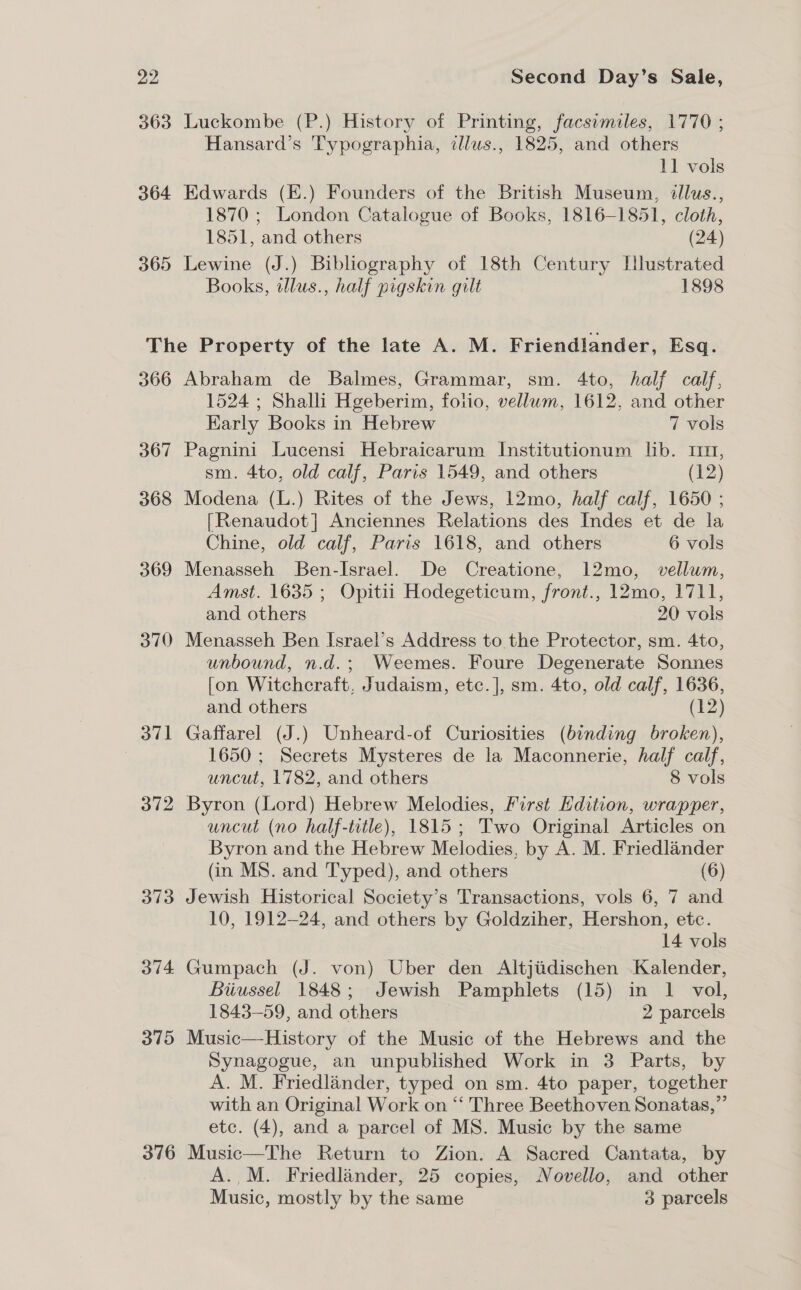 363 Luckombe (P.) History of Printing, facsimiles, 1770 ; Hansard’s 'Typographia, zlus., 1825, and others 11 vols 364 Edwards (E.) Founders of the British Museum, illus., 1870 ; London Catalogue of Books, 1816-1851, cloth, 1851, and others (24) 365 Lewine (J.) Bibliography of 18th Century Hlustrated Books, tllus., half pigskin gilt 1898 The Property of the late A. M. Friendlander, Esq. 366 Abraham de Balmes, Grammar, sm. 4to, half calf, 1524 ; Shalli Hgeberim, fotio, vellum, 1612, and other Early Books in Hebrew 7 vols 367 Pagnini Lucensi Hebraicarum Institutionum lib. 11m, sm. 4to, old calf, Paris 1549, and others (12) 368 Modena (L.) Rites of the Jews, 12mo, half calf, 1650 ; [Renaudot] Anciennes Relations des Indes et de la Chine, old calf, Paris 1618, and others 6 vols 369 Menasseh Ben-Israel. De Creatione, 12mo, vellum, Amst. 1635 ; Opitii Hodegeticum, front., 12mo, 1711, and others 20 vols 370 Menasseh Ben Israel’s Address to the Protector, sm. 4to, unbound, n.d.; Weemes. Foure Degenerate Sonnes {on Witchcraft, Judaism, etc.], sm. 4to, old calf, 1636, and others (12) 371 Gaffarel (J.) Unheard-of Curiosities (binding broken), 1650 ; Secrets Mysteres de la Maconnerie, half calf, uncut, 1782, and others 8 vols 372 Byron (Lord) Hebrew Melodies, First Hdition, wrapper, uncut (no half-tetle), 1815; Two Original Articles on Byron and the Hebrew Melodies, by A. M. Friedlander (in MS. and Typed), and others (6) 373 Jewish Historical Society’s Transactions, vols 6, 7 and 10, 1912-24, and others by Goldziher, Hershon, etc. 14 vols 374 Gumpach (J. von) Uber den Altjiidischen Kalender, Biiussel 1848; Jewish Pamphlets (15) in 1 vol, 1843-59, and others 2 parcels 375 Music—History of the Music of the Hebrews and the Synagogue, an unpublished Work in 3 Parts, by A. M. Friedlander, typed on sm. 4to paper, together with an Original Work on ‘‘ Three Beethoven Sonatas,” etc. (4), and a parcel of MS. Music by the same 376 Music—The Return to Zion. A Sacred Cantata, by A.M. Friedlander, 25 copies, Novello, and other Music, mostly by the same 3 parcels