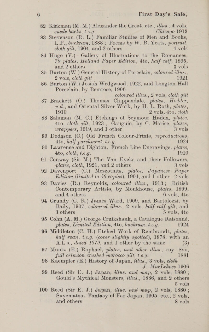 83 84 85 86 87 88 89 90 91 92 93 94 95 96 97 98 99 100 ; First Day’s Sale, Kirkman (M. M.) Alexander the Great, etc., ellus., 4 vols, suede backs, t.e.g. Chicago 1913 Stevenson (R. L.) Familiar Studies of Men and Books, L.P., buckram, 1888 ; Poems by W. B. Yeats, portrait, cloth gilt, 1904, and 2 others 4 vols Hugo (V.)—Gallery of Llustrations to the Romances, 70 plates, Holland Paper Edition, 4to, half calf, 1895, and 2 others 3 vols Burton (W.) General History of Porcelain, coloured illus., 2 vols, cloth gult 1921 Burton (W.) Josiah Wedgwood, 1922, and Longton Hall Porcelain, by Bemrose, 1906 coloured wlus., 2 vols, cloth gilt Brackett (O.) Thomas Chippendale, plaies, Hodder, n.d., and Oriental Silver Work, by H. L. Roth, plates, 1910 2 vols, 4to, cloth Salaman (M. C.) Etchings of Seymour Haden, plates, Ato, cloth gilt, 1923; Gauguin, by C. Morice, plates, wrappers, 1919, and 1 other 3 vols Dodgson (C.) Old French Colour-Prints, reproductions, 4to, half parchment, t.e.g. 1924 Lawrence and Dighton. French Line Engravings, poe Ato, cloth, t.e.g. 1910 Conway (Sir M.) The Van Eycks and their Foliowers, plates, cloth, 1921, and 2 others . 3 vols Davenport (C.) Mezzotints, plates, Japanese Paper Edition (limited to 50 copies), 1904, and 1 other 2 vols Davies (R.) Reynolds, coloured illus., 1913; British Contemporary Artists, by Monkhouse, plates, 1899, and 4 others 6 vols, 4to Grundy (C. R.) James Ward, 1909, and Bartolozzi, by Baily, 1907, coloured illus., 2 vols, half calf gilt, and 3 others 5 vols, 4to Cohn (A. M.) George (ope a Catalogue Raisonné, plates, Limited Edition, 4to, buckram, t.e.g. 1924 Middleton (C. H.) Etched Work of Rembrandt, plates, half roan, t.e.g. (cover slightly spotted), 1878, with an A.L.s., dated 1879, and 1 other by the same (3) Muntz (E.) Raphaél, plates, and other illus., roy. 8vo, full crimson crushed morocco gilt, t.e.g. 1881 Kaempfer (E.) History of Japan, tlus., 3 vols, cloth J. MacLehose 1906 Reed (Sir E. J.) Japan, tllus. and map, 2 vols, 1880 ; Gould’s Mythical Monsters, tllus., 1886, and 2 others ; 5 vols Reed (Sir E. J.) Japan, illus. and map, 2 vols, 1880 ; Suyematsu. Fantasy of Far Japan, 1905, etc., 2 vols, and others 8 vols