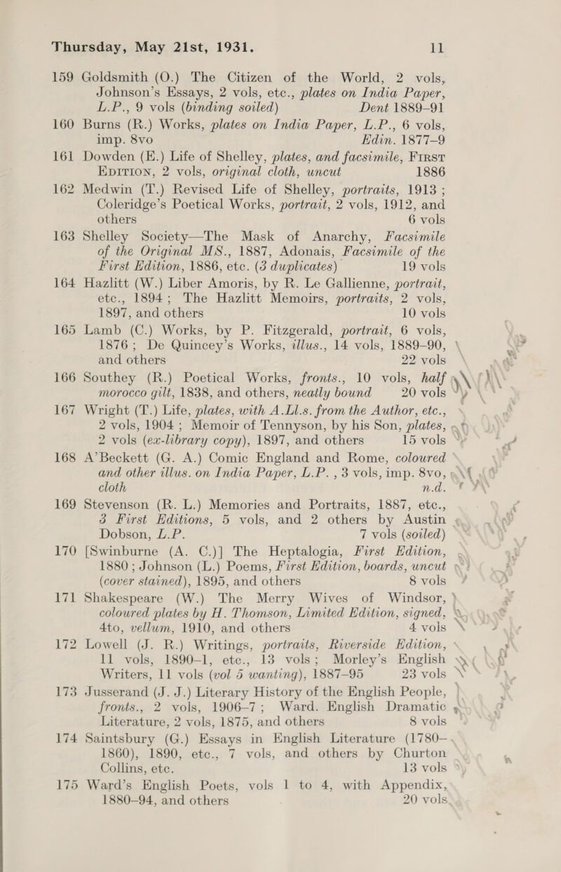 160 161 162 163 164 168 169 170 171 172 173 Johnson’s Essays, 2 vols, etc., plates on India Paper, L.P., 9 vols (binding soiled) Dent 1889-91 Burns (R.) Works, plates on India Paper, L.P., 6 vols, imp. 8vo Edin. 1877-9 Dowden (E.) Life of Shelley, plates, and facsimile, First EDITION, 2 vols, original cloth, uncut 1886 Medwin (T.) Revised Life of Shelley, portraits, 1913 ; Coleridge’s Poetical Works, portrait, 2 vols, 1912, and others 6 vols Shelley Society—The Mask of Anarchy, Facsimile of the Original MS., 1887, Adonais, Facsimile of the First Edition, 1886, etc. (3 duplicates) 19 vols Hazlitt (W.) Liber Amoris, by R. Le Gallienne, portrait, etc., 1894; The Hazlitt Memoirs, portraits, 2 vols, 1897, and others 10 vols Lamb (C.) Works, by P. Fitzgerald, portrait, 6 vols, and others 22 vols Wright (T.) Life, plates, with A.Ll.s. from the Author, etc., cloth n.d. Stevenson (R. L.) Memories and Portraits, 1887, etc., Dobson, L.P. 7 vols (soiled) [Swinburne (A. C.)] The Heptalogia, First Edition, (cover stained), 1895, and others 8 vols 4to, vellum, 1910, and others 4 vols 11 vols, 1890-1, etc., 13 vols; Morley’s English Jusserand (J. J.) Literary History of the English People, fronts., 2 vols, 1906-7; Ward. English Dramatic Literature, 2 vols, 1875, and others 8 vols 1860), 1890, etc., 7 vols, and others by Churton Collins, ete. 13 vols 1880-94, and others 20 vols
