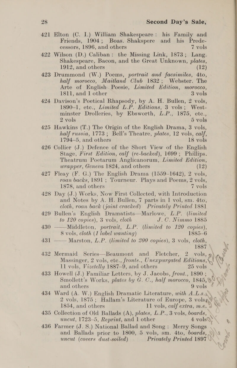 421 Elton (C. I.) William Shakespeare: his Family and Friends, 1904; Boas. Shakspere and his Prede- cessors, 1896, and others 7 vols 422 Wilson (D.) Caliban: the Missing Link, 1873; Lang. Shakespeare, Bacon, and the Great Unknown, plates, 1912, and others (12) 423 Drummond (W.) Poems, portrait and facsimiles, Ato, half morocco, Maitland Club 1832; Webster. The Arte of English. Poesie, Limited Hdition, morocco, 1811, and 1 other 3 vols 424 Davison’s Poetical Rhapsody, by A. H. Bullen, 2 vols, 1890-1, etc., Limited L.P. Editions, 3 vols; West- minster Drolleries, by Ebsworth, L.P., 1875, etc., 2 vols : 5 vols 425 Hawkins (T.) The Origin of the English Drama, 3 vols, half russia, 1773; Bell’s Theatre, plates, 12 vols, calf, 1794—5, and others 18 vols 426 Collier (J.) Defence of the Short View of the English Stage, First Hdition, calf (re-backed), 1699; Phillips. Theatrum Poetarum Anglicanorum,. Limited Hdition, wrapper, Geneva 1824, and others (12) 427 Fleay (fF. G.) The English Drama (1559-1642), 2 vols, roan backs, 1891 ; Tourneur. Plays and Poems, 2 vols, 428 Day (J.) Works, Now First Collected, with Introduction and Notes by A. H. Bullen, 7 parts in 1 vol, sm. 4to, cloth, roan back (joint cracked) Privately Printed 1881 429 Bullen’s English Dramatists—Marlowe, L.P. (limited  to 120 copies), 3 vols, cloth J.C. Nimmo 1885 430 Middleton, portrait, D.P. (limited to 120 copvies), 8 vols, cloth (1 label wanting) 1885-6 431 ——— Marston, L.P. (limited to 200 copies), 3 vols, cloth, : 1887 © \ 432 Mermaid Series—Beaumont and Fletcher, 2 vols, 9\ ‘y Massinger, 2 vols, etc., fronts., Unexpurgated Editions, Ney 11 vols, Vizetelly 1887— 9, and others 25 vols | ty ‘ 433 Howell (J.) Familiar Letters, by J. Jacobs, front., 1890 ; ‘ we Smollett’s Works, plates by G. C., half morocco, 1845, VY YD) and others 9 vols “y X 434 Ward (A. W.) English Dramatic Literature, with A.L.s.; ye 2 vols, 1875; Hallam’s Literature of Europe, 3 alan RN WAS 1854, and others 11 vols, calf extra, m.e. 3 * 435 Collection of Old Ballads (A), plates, L.P., 3 vols, boards, \ — 436 Farmer (J. 8.) National Ballad and Song: Merry Songs \ Si and Ballads prior to 1800, 5 vols, sm. 4to, boards, 3) \% \y 1 uncut (covers dust-soiled) . Privately Printed 1897 | KS v 