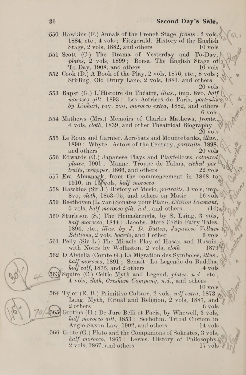 550 ol 552 554 5d5d 564 066 Second Day’s Sale, Hawkins (F.) Annals of the French Stage, fronts., 2 vols, } {oO 1884, etc., 4 vols; Fitzgerald. History of the English D\ ‘ Stage, 2 vols, 1882, and others 10 vols ¥ Scott (C.) The Dae 6 Yesterday and To-Day, \S Pr plates, 2 vols, 1899; Borsa. The English Stage oft sae A yy To-Day, 1908, and others 10 vols ahs Cook (D.) A Book of the Play, 2 vols, 1876, etc., 8 vols ; AN Stirling. Old Drury Lane, 2 vols, 1881, and others | \ ¥ 20 vols } Bapst (G.) L’ Histoire du Théatre, illus., imp. 8vo, half | \\- morocco gilt, 1893; Les Actrices de ‘Paris, portraits \ DY A by Liphart, roy. 8vo, morocco extra, 1882, and others ¥ ° ¥ 6 vols, i Mathews (Mrs.) Memoirs cf Charles Mathews, fronts...\_. Pi 4 vols, cloth, 1839, and other Theatrical Biography Vin 20 vols Le Roux and Garnier. Acrobats and Mountebanks, tllus., . 1890 ; Whyte. Actors of the Century, portraits, 1898, (\\. ®, and others 20 vols V\ ® Edwards (O.) Japanese Plays and Playfellows, coloured/* plates, 1901; Manne. Troupe de Talma, etched por W\ traits, wrapper, 1866, and others 22 vols ~ W\ Era Almanack, from the commencement in 1868 to\ a2 1910, in Nos half morocco } tates Hawkins (Sir J.) History of Music, portraits, 3 vols, imp...» Ry 8vo, cloth, 1853-75, and others on Music 16 vols 0 % Hy Beethoven (L. van) Sonates pour Piano, Edition Diamant, Vy 5 vols, half morocco gilt, n.d., and others (14) ad,  Sturleson (S.) The Epimislictaglde by 8S. Laing, 3 vols, 0 et half morocco, 1844; Jacobs. More Celtic Fairy Tales, iN He 1894, etc., illus. by J. D. Batien, Japanese Vellum &amp; Bd) by UN. Editions, 2 vols, boards, and 1 other 6vols JX #£. Pelly (Sir L.) The Miracle Play of Hasan and Husain, 9). y with Notes by Wollaston, 2 vols, cloth 1879 J D’Alviella (Comte G.) La Migration des Symboles, illus., \) \ half morocco, 1891 ; Senart. La Legende du Buddha, i half calf, 1875, and 2 others 4 vols ° } Squire (C.) Celtic Myth and Legend, plates, n.d., etc., 4 vols, cloth, Gresham Company, n.d., and others 10 vols \ oh Tylor (E. B.) Primitive Culture, 2 vols, calf extra, 1873 ; , Lang. Myth, Ritual and Religion, 2 vols, 1887, and. » 2 others 6 vols Grotius (H.) De Jure Belli et Pacis, by Whewell, 3 vols, half morocco gilt, 1853; Seebohm. Tribal Custom in Anglo-Saxon Law, 1902, and others 14 vols . Grote (G.) Plato and the Companions of Sokrates, 3 vols, . a oem morocco, 1865; Lewes. History of Philosophy RY) We 2 vols, 1867, ‘and others . 17 vols ?9q)