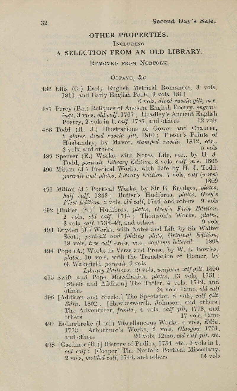 492 493 494 497 498 Second Day’s Sale, OTHER PROPERTIES. INCLUDING A SELECTION FROM AN OLD LIBRARY. REMOVED FROM NORFOLK. OctTavo, &amp;C. Ellis (G.) Early English Metrical Romances, 3 vols, 1811, and Early English Poets, 3 vols, 1811 : 6 vols, diced russia gilt, m.e. Percy (Bp.) Reliques of Ancient English Poetry, engrav- ings, 3 vols, old calf, 1767 ; Headley’s Ancient English Poetry, 2 vols in 1, calf, 1787, and others 12 vols Todd (H. J.) Illustrations of Gower and Chaucer, 2 plates, diced russia gilt, 1810 ; Tusser’s Points of Husbandry, by Mavor, stamped russia, 1812, etc., 2 vols, and others 5 vols Spenser (E.) Works, with Notes, Life, etc., by H. J. Todd, portrait, Library Edition, 8 vols, calf, m.e. 1805 Milton (J.) Poetical Works, with Life by H. J. Todd, portrait and plates, Library Edition, 7 vols, calf (worn) 1809 Milton (J.) Poetical Works, by Sir E. Brydges, plates, half calf, 1842; Butler’s Hudibras, plates, Grey’s First Edition, 2 vols, old calf, 1744, and others 9 vols (Butler (S.)] Hudibras, plates, Grey's First Edition, 2 vols, old calf, 1744; Thomson's Works, plates, 3 vols, calf, 1738-49, and others 9 vols Dryden (J.) Works, with Notes and Life by Sir Walter Scott, portrait and folding plate, Original Edition, 18 vols, tree calf extra, m.e., contents lettered 1808 Pope (A.) Works in Verse and Prose, by W. L. Bowles, plates, 10 vols, with the Translation of Homer, by G. Wakefield, portrait, 9 vols Library Editions, 19 vols, uniform calf gilt, 1806 Swift and Pope. Miscellanies, plates, LS WOls.. dae [Steele and Addison] The Tatler, 4 vols, 1749, and others 24 vols, 12mo, old calf [Addison and Steele.] The Spectator, 8 vols, calf gilt, Edin. 1802; [Hawkesworth, Johnson, and others | The Adventurer, fronts., 4 vols, calf gilt, 1778, and others 17 vols, 12mo Bolingbroke (Lord) Miscellaneous Works, 4 vols, Hdun. 1773; Arbuthnot’s Works, 2 vols, Glasgow io and others 20 vols, 12mo, old calf gilt, etc. [Gardiner (R.)] History of Pudica, 1754, ete., 3 vols in Il, old calf; [Cooper] The Norfolk Poetical Miscellany, 2 vols, mottled calf, 1744, and others 14 vols