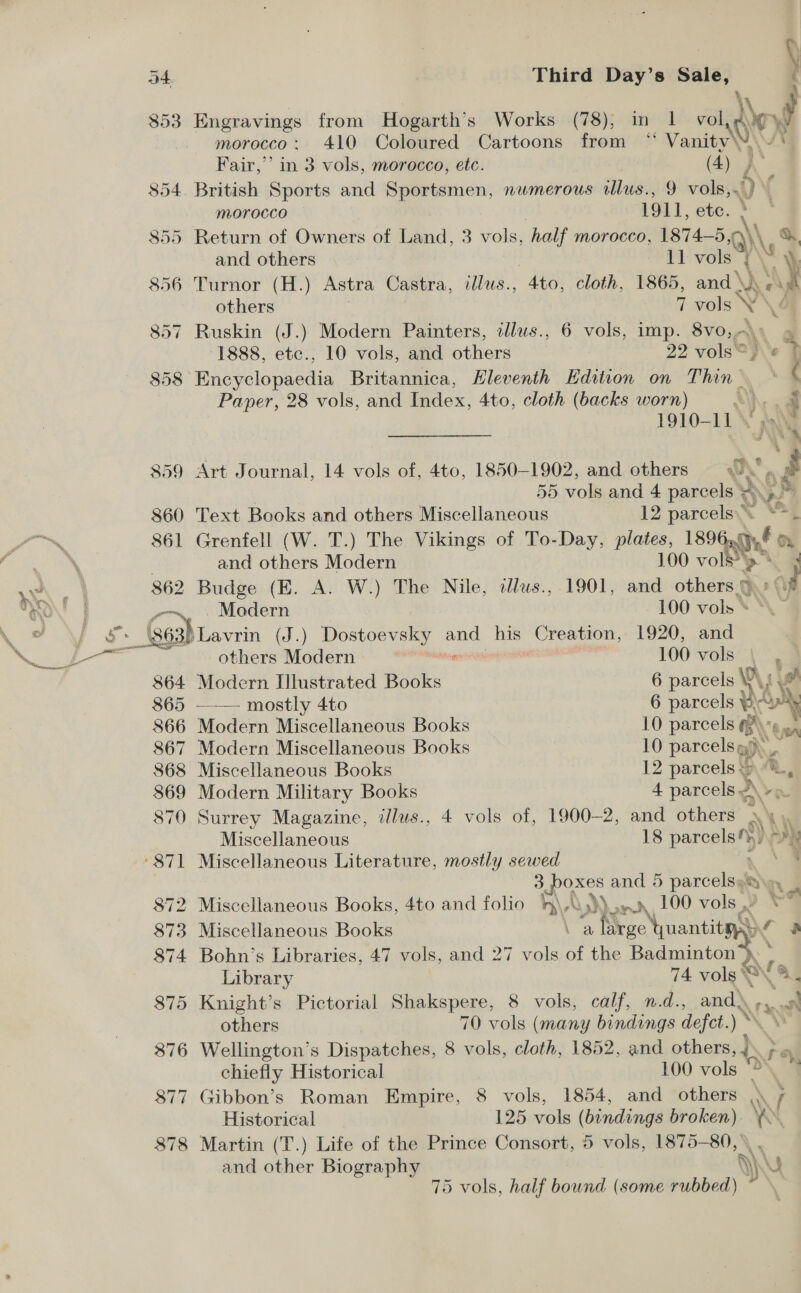 — 854. British Sports and ea een numerous illus., 9 vols,.)) \ morocco 1911, ete. - $55 Return of Owners of ind 3 vols, half morocco, 1874-5 Q\\ a 856 Turnor (H.) Astra Castra, dlus., ae cloth, 1865, and‘ . ag 857 Ruskin (J.) Modern Painters, allus., 6 vols, imp. 8v0,-\' % 858 Encyclopaedia Britannica, Eleventh Edition on Thin — ¢ Paper, 28 vols, and Index, 4to, cloth (backs worn) he 1910-11 VERN. , “ % 859 Art Journal, 14 vols of, 4to, 1850-1902, and others PX 4 £ 55 vols and 4 parcels = Nie ‘ 860 Text Books and others Miscellaneous 12 parcels\\ “&gt;. 861 Grenfell (W. T.) The Vikings of To-Day, plates, 189 gf oy . and others Modern 100 vol}p*. 3 862 Budge (E. A. W.) The Nile, dlus., 1901, and others ths i -~, - Modern 100 vols © * y. (sea) \Lavrin (J.) Dostoevsky and his pees sees 1920, and a4 others Modern anges 100 vols |, 864 Modern Ilustrated Books 6 parcels MF a 865 -—— mostly 4to 6 parcels © oy 866 Modern Miscellaneous Books 10 parcels O\ 867 Modern Miscellaneous Books 10 parcels a 868 Miscellaneous Books 12 parcels &gt; ‘F 869 Modern Military Books 4 parcels 2 ANAS 870 Surrey Magazine, illus., 4 vols of, 1900-2, and others 7 Miscellaneous 18 parce NIT N ‘871 Miscellaneous Literature, mostly sewed : 3. poxes and 5 Hardeloge 872 Miscellaneous Books, 4to and folio \Qs)) 4.2 100 vols 2 Y* 873 Miscellaneous Books la 6: huanttag fs 874 Bohn’s Libraries, 47 vols, and 27 vols of the Badminton Library 74 vols“ © \ F 875 Knight’s Pictorial Shakspere, 8 vols, calf, n.d., and. rx of others 70 vols (many bindings defect.) $76 Wellington’s Dispatches, 8 vols, cloth, 1852, and ae ra chiefly Historical 100 vols © 877 Gibbon’s Roman Empire, 8 vols, 1854, and others \\) Historical 125 vols (bindings broken). oO. 878 Martin (T.) Life of the Prince Consort, 5 vols, 1875-80, and other Biography }} \S 54. Third Day’s Sale, | \ \\ a 853 Engravings from Hogarth’s Works (78), in 1 vol,ajgy -. morocco: 410 Coloured Cartoons from “ Vanity. 75 vols, half bound (some rubbed) *