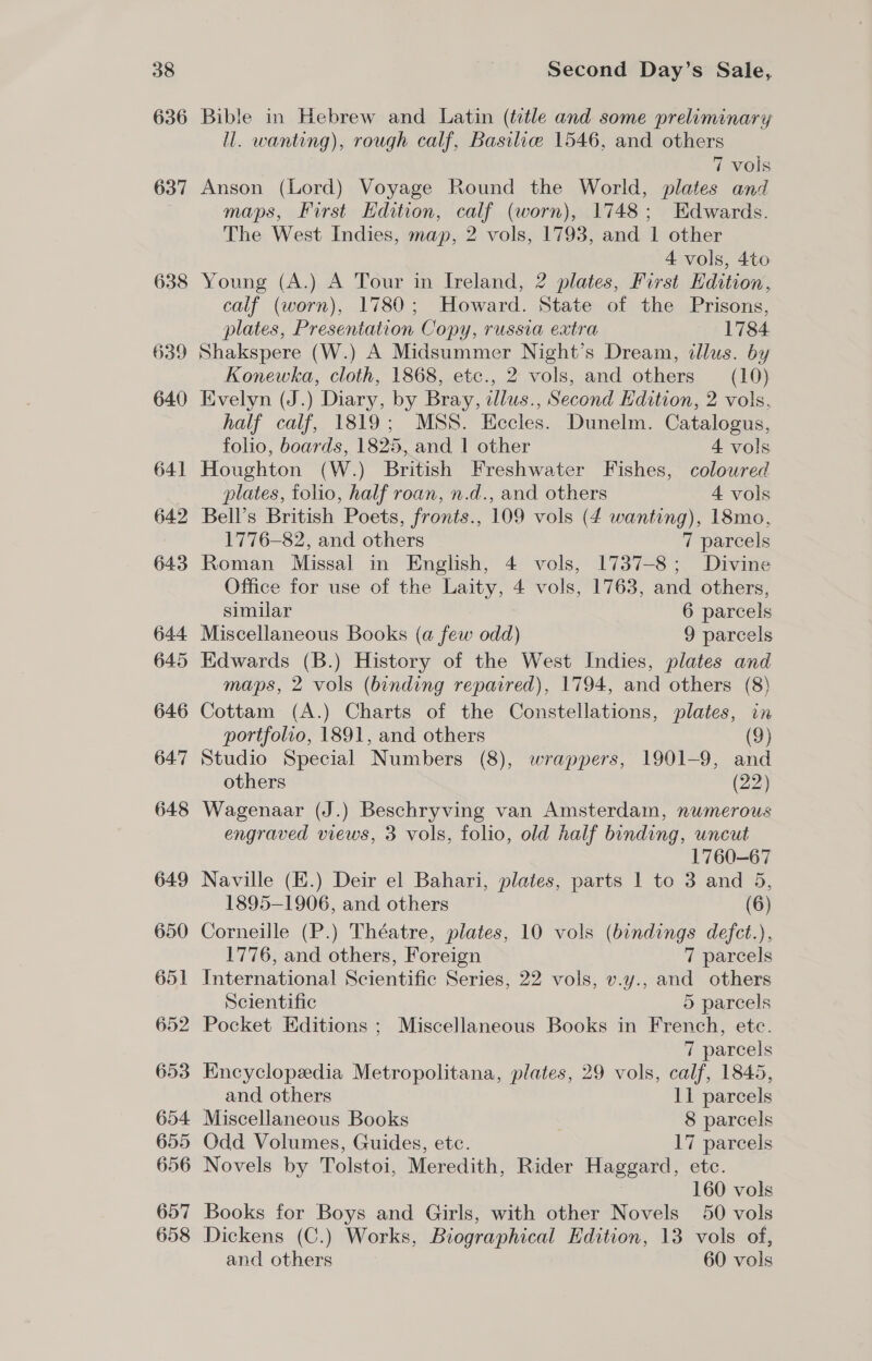 636 637 638 639 640 641 642 643 644 645 646 647 648 649 650 651 652 653 654 655 656 657 658 Bible in Hebrew and Latin (title and some preliminary ll. wanting), rough calf, Basilie 1546, and others 7 vols Anson (Lord) Voyage Round the World, plates and maps, First Hdition, calf (worn), 1748; Edwards. The West Indies, map, 2 vols, 1793, and 1 other 4 vols, 4to Young ae ‘ Tour in Ireland, 2 plates, First Edition, calf (worn), 1780; Howard. State of the Prisons, plates, Presentation Copy, russia extra 1784 Shakspere (W.) A Midsummer Night’s Dream, illus. by Konewka, cloth, 1868, etc., 2 vols, and others (10) Evelyn (J.) Diary, by Bray, ellus., Second Edition, 2 vols, half calf, 1819; MSS. Eccles. Dunelm. Catalogus, folio, boards, 1825, and 1 other 4 vols Houghton (W.) British Freshwater Fishes, coloured plates, folio, half roan, n.d., and others 4 vols Bell’s British Poets, fronts., 109 vols (4 wanting), 18mo, 1776-82, and others 7 parcels Roman Missal in English, 4 vols, 1737-8; Divine Office for use of the Laity, 4 vols, 1763, and others, similar 6 parcels Miscellaneous Books (a few odd) 9 parcels Edwards (B.) History of the West Indies, plates and maps, 2 vols (binding repaired), 1794, and others (8) Cottam (A.) Charts of the Constellations, plates, in portfolio, 1891, and others (9) Studio Special Numbers (8), wrappers, 1901-9, and others (22) Wagenaar (J.) Beschryving van Amsterdam, numerous engraved views, 3 vols, folio, old half binding, uncut 1760-67 Naville (E.) Deir el Bahari, plates, parts 1 to 3 and 5, 1895-1906, and others (6) Corneille (P.) Théatre, plates, 10 vols (bindings defct.), 1776, and others, Foreign 7 parcels International Scientific Series, 22 vols, v.y., and others Scientific 5 parcels Pocket Editions ; Miscellaneous Books in French, ete. 7 parcels Encyclopedia Metropolitana, plates, 29 vols, calf, 1845, and others 11 parcels Miscellaneous Books 8 parcels Odd Volumes, Guides, etc. 17 parcels Novels by Tolstoi, Meredith, Rider Haggard, etc. 160 vols Books for Boys and Girls, with other Novels 50 vols Dickens (C.) Works, Biographical Edition, 13 vols of, and others 60 vols