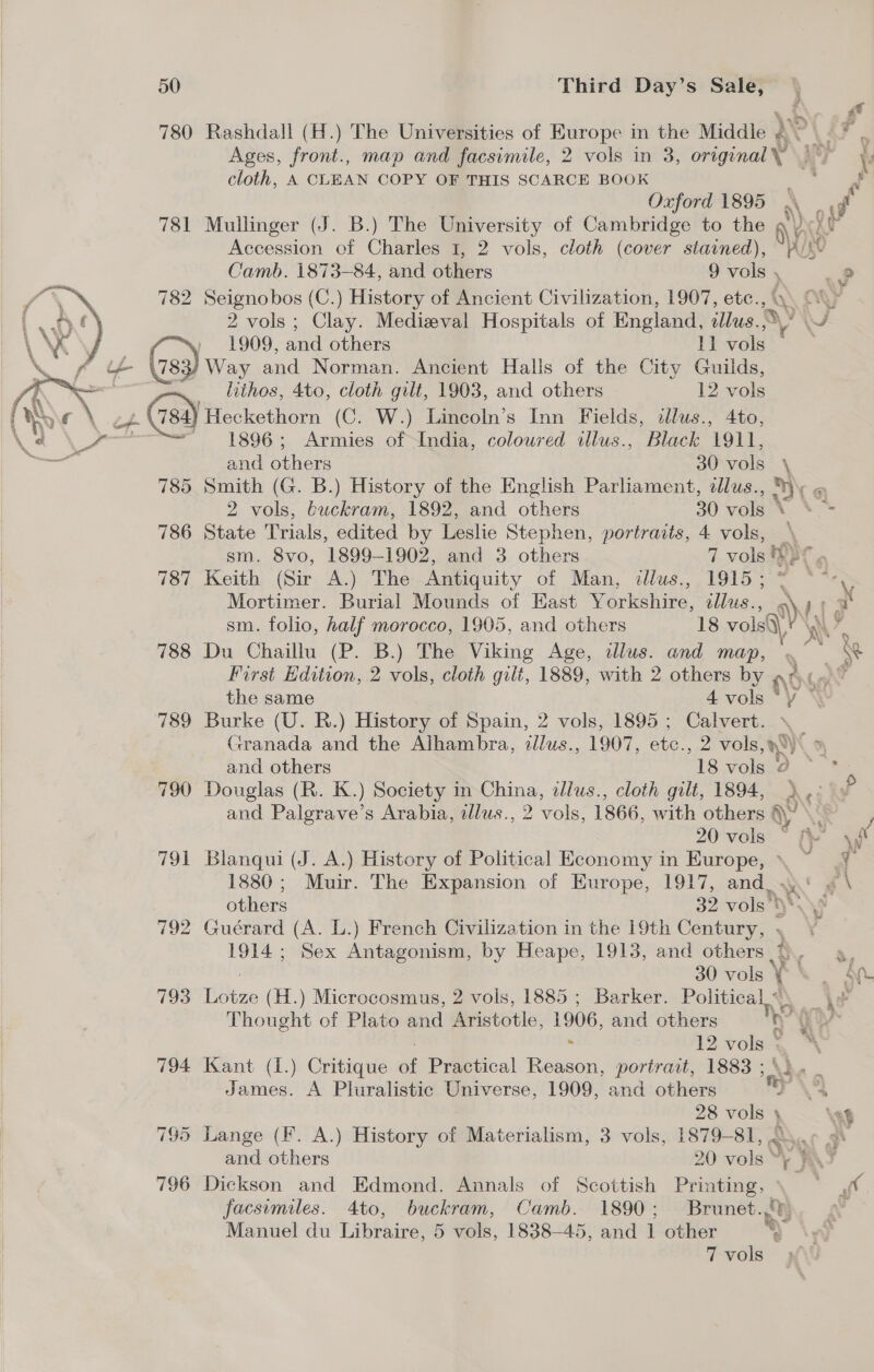 780 Rashdall (H.) The Universities of Europe in the Middle Dae Ages, front., map and facsimile, 2 vols in 3, originaly )~ cloth, A CLEAN COPY OF THIS SCARCE BOOK ; ‘ Oxford 1895 \ | 781 Mullinger (J. B.) The University of Cambridge to the AV KY Accession of Charles 1, 2 vols, cloth (cover stained), ~~iS© Camb. 1873-84, and btliers 9 eer . 2 782 Seignobos (C.) History of Ancient Civilization, 1907, etc., 2 vols ; Clay. Medieval Hospitals of England, illus y YS 783/ Way and Norman. Ancient Halls of the City Guilds, 784) ‘Heckethorn (C. W.) Lincoln’s Inn Fields, illus., 4to, 1896; Armies of India, coloured illus., Black 1911, and others 39 vols \ 785 Smith (G. B.) History of the English Parliament, tllus., > 2 vols, buckram, 1892, and others 30 vols \ += 786 State Trials, edited by Leslie Stephen, portraits, 4 vols, \ sm. 8vo, 1899-1902, and 3 others r vols tf) 787 Keith (Sir A.) The Antiquity of Man, dlus., 1915; Mortimer. Burial Mounds of East Yorkshire, illus., 9 A sm. folio, half morocco, 1905, and others 18 vols\ | - 788 Du Chaillu (P. B.) The Viking Age, illus. and map, .— fe First Edition, 2 vols, cloth gilt, 1889, with 2 others by at the same 4 vols *y 789 Burke (U. R.) History of Spain, 2 vols, 1895 ; Calvert. Granada and the Alhambra, zlus., 1907, etc., 2 vols, ywy< and others 18 vols © 790 Douglas (R. K.) Society in China, illus., cloth gilt, 1894, ).;: and Palgrave’s Arabia, alus., 2 vols, 1866, with others QY ‘ j 20 vols ~ fe yf 791 Blanqui (J. A.) History of Political Economy in Europe, \ ~ .% 1880; Muir. The Expansion of Europe, 1917, and...‘ <\ others 32 vols sy 792 Guérard (A. L.) French Civilization in the 19th Century, , 1914; Sex Antagonism, by Heape, 1913, and others). q, 30 vols YS . ee 793 exe (H.) Microcosmus, 2 vols, 1885 ; Barker. Political \ id Thought of Plato and Aristotle, 1906, and others hy y 12 ee. 7 794 Kant (1.) Critique a Practical RAR portrait, 1883 ; ? James. A Pluralistic Universe, 1909, and others y : 4 28 vols 4 Las 795 Lange (F. A.) History of Materialism, 3 vols, 1879-81, Qu. 9. and others 20 vols “> 796 Dickson and Edmond. Annals of Scottish Printing, =o facsimiles. 4to, egos Camb. 1890; Brunet.,r Manuel du Libraire, 5 vols, 1838-45, and 1 other %?