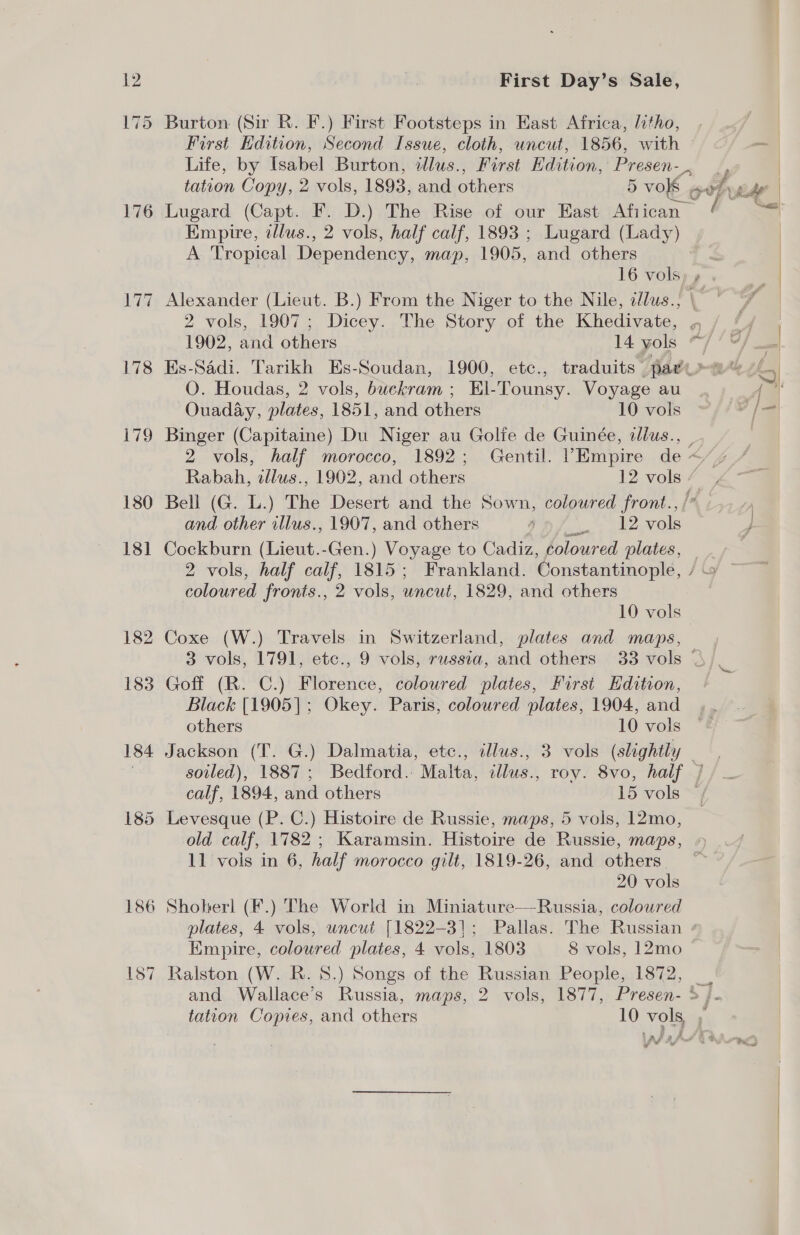 176 183 184 186 187 First Day’s Sale, Burton (Sir R. F.) First Footsteps in East Africa, litho, Lugard (Capt. F. D.) The Rise of our East African Empire, zllus., 2 vols, half calf, 1893 ; Lugard (Lady) A Tropical Dependency, map, 1905, and others 16 vols, 2 vols, 1907; Dicey. The Story of the Khedivate, 1902, and others 14 vols O. Houdas, 2 vols, buckram ; El-Tounsy. Voyage au Ouaday, plates, 1851, and others 10 vols 2 _, if t and other illus., 1907, and others 4 12 vols ae 2 vols, half calf, 1815; Frankland. Constantinople, coloured fronts., 2 vols, uncut, 1829, and others 10 vols Coxe (W.) Travels in Switzerland, plates and maps, Goff (R. C.) Florence, coloured plates, First Edition, Black [1905]; Okey. Paris, coloured plates, 1904, and others 10 vols old calf, 1782 ; Karamsin. Histoire de Russie, maps, 20 vols Shoberl (F.) The World in Miniature—Russia, coloured Empire, coloured plates, 4 vols, 1803 8 vols, 12mo Ralston (W. R. 8.) Songs of the Russian People, 1872, ~