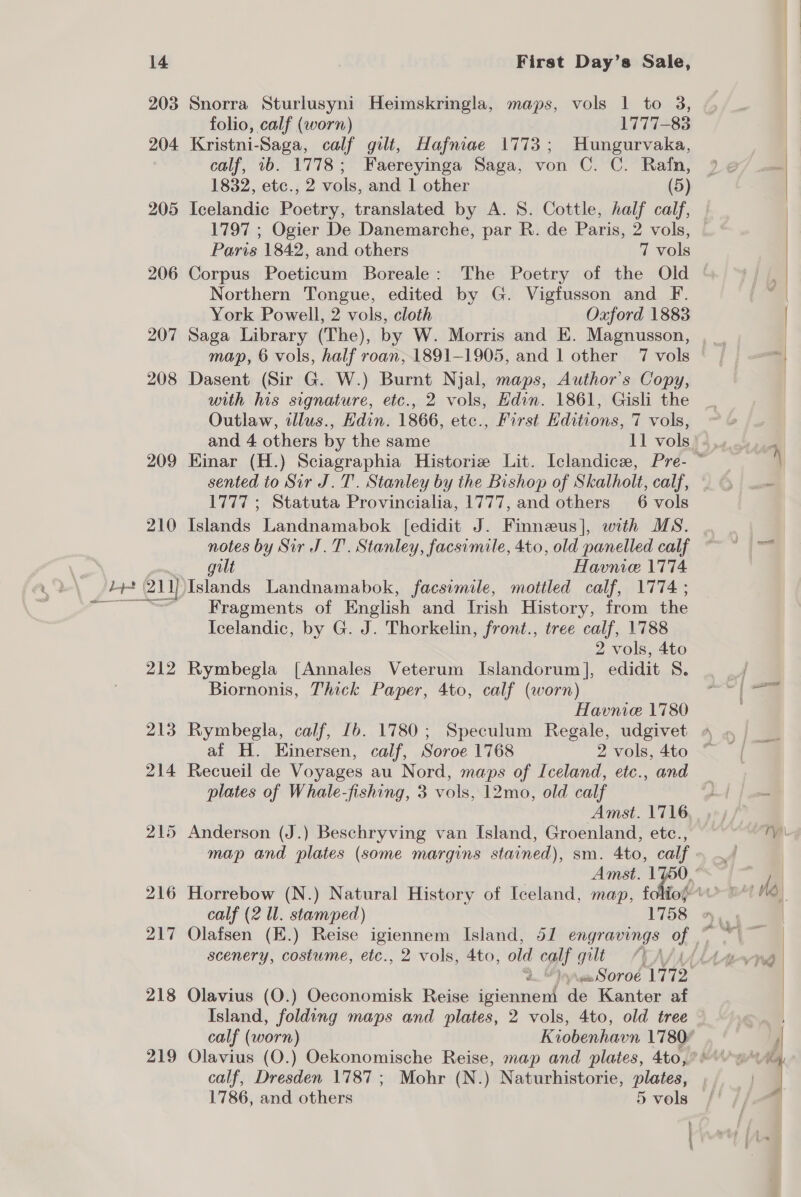 Ly ES 203 Snorra Sturlusyni Heimskringla, maps, vols 1 to 3, folio, calf (worn) 1777-838 204 Kristni-Saga, calf gilt, Hafniae 1773; Hungurvaka, calf, 1b. 1778; Faereyinga Saga, von C. C. Rafn, 205 Icelandic Poetry, translated by A. 8. Cottle, half calf, 1797 ; Ogier De Danemarche, par R. de Paris, 2 vols, Northern Tongue, edited by G. Vigfusson and F. York Powell, 2 vols, cloth Oxford 1883 207 Saga Library (The), by W. Morris and E. Magnusson, 208 Dasent (Sir G. W.) Burnt Njal, maps, Author's Copy, with his signature, etc., 2 vols, Edin. 1861, Gisli the Outlaw, tllus., Edin. 1866, etc., First Editions, 7 vols, 209 Einar (H.) Sciagraphia Historie Lit. Iclandice, Pre- sented to Sir J.T. Stanley by the Bishop of Skalholt, calf, 210 Islands Landnamabok [edidit J. Finnzus], with MS. notes by Sir J.T. Stanley, facsimile, 4to, old panelled calf gilt Havnie 1774 Fragments of English and Irish History, from the Icelandic, by G. J. Thorkelin, front., tree calf, 1788 2 vols, 4to 212 Rymbegla [Annales Veterum Islandorum], edidit S. Biornonis, Thick Paper, 4to, calf (worn) Havnic 1780 213 Rymbegla, calf, 1b. 1780; Speculum Regale, udgivet af H. Einersen, calf, Soroe 1768 2 vols, 4to 214 Recueil de Voyages au Nord, maps of Iceland, etc., and plates of Whale-fishing, 3 vols, 12mo, old calf Amst. 1716 215 Anderson (J.) Beschryving van Island, Groenland, etc., map and plates (some margins stained), sm. 4to, calf calf (2 Ul. stamped) 1758 scenery, costume, etc., 2 vols, 4to, old calf gilt 218 Olavius (O.) Oeconomisk Reise igiennem de Kanter af Island, folding maps and plates, 2 vols, 4to, old tree calf, Dresden 1787; Mohr (N.) Naturhistorie, plates, 1786, and others 5 vols i y° 