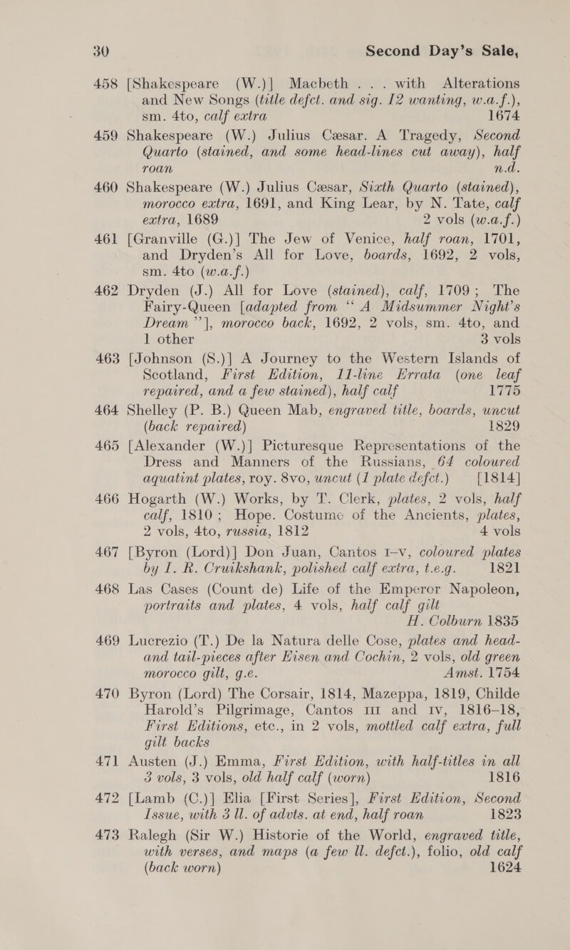 458 459 460 461 462 463 464 465 466 467 468 469 470 471 472 473 [Shakespeare (W.)] Macbeth ... with Alterations and New Songs (title defet. and sig. [2 wanting, w.a.f.), sm. 4to, calf extra 1674 Shakespeare (W.) Julius Caesar. A Tragedy, Second Quarto (stained, and some head-lines cut away), half roan 0b. Shakespeare (W.) Julius Cesar, Sixth Quarto (stained), morocco extra, 1691, and King Lear, by N. Tate, calf extra, 1689 2 vols (w.a.f.) [Granville (G.)] The Jew of Venice, half roan, 1701, and Dryden’s All for Love, boards, 1692, 2 vols, sm. 4to (w.a.f.) Dryden (J.) All for Love (stained), calf, 1709; The Fairy-Queen [adapted from “‘ A Midsummer Night's Dream ’’|, morocco back, 1692, 2 vols, sm. 4to, and 1 other 3 vols [Johnson (S.)] A Journey to the Western Islands of Scotland, Furst Hdition, Il-ine Errata (one leaf repaired, and a few stained), half calf 1775 Shelley (P. B.) Queen Mab, engraved title, boards, uncut (back repaired) 1829 [Alexander (W.)] Picturesque Representations of the Dress and Manners of the Russians, 64 coloured aquatint plates, roy. 8vo, uncut (I plate defect.) [1814] Hogarth (W.) Works, by T. Clerk, plates, 2 vols, half calf, 1810; Hope. Costume of the Ancients, plates, 2 vols, 4to, russia, 1812 4 vols [Byron (Lord)] Don Juan, Cantos I-v, coloured plates by I. R. Cruikshank, polished calf extra, t.e.g. 1821 Las Cases (Count de) Life of the Emperor Napoleon, portraits and plates, 4 vols, half calf gilt H. Colburn 1835 Lucrezio (T.) De la Natura delle Cose, plates and head- and tail-pieces after Hisen and Cochin, 2 vols, old green morocco gilt, g.e. Amst. 1754 Byron (Lord) The Corsair, 1814, Mazeppa, 1819, Childe Harold’s Pilgrimage, Cantos tr and Iv, 1816-18, First Editions, etc., in 2 vols, mottled calf extra, full gilt backs Austen (J.) Emma, First Edition, with half-titles in all 3 vols, 3 vols, old half calf (worn) 1816 [Lamb (C.)] Eha [First Series], First Hdition, Second Issue, with 3 ll. of advts. at end, half roan 1823 Ralegh (Sir W.) Historie of the World, engraved ttle, with verses, and maps (a few ll. defct.), folio, old calf (back worn) 1624