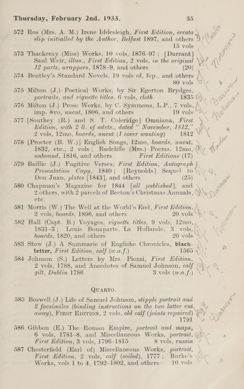 572 573 OL CO Or slip initialled. by the Author, Belfast 1897, and “others 9 / 15 vols | Thackeray (Miss) Works, 10 vols, 1876-97 ; [Durrant] Saul Weir, illus., First Edition, 2 vols, in the original WY 7 12 parts, wrappers, 1878-9, and others (20) Bentley’s Standard Novels, 19 vols of, fep., and others ) 80 vols © Milton (J.) Poetical Works, by Sir Egerton Brydges, portraits, and vignette titles, 6 vols, cloth 1835 be imp. 8vo, uncut, 1806, and others 19 vols [Southey (R.) and S. T. Coleridge] Omniana, First ‘, 2 vols, 12mo, boards, uncut (1 cover wanting) 1812 [Procter (B. W.)] English Songs, 12mo, boards, uncut, unbound, 1816, and others First Editions (17) , Baillie (J.) Fugitive Verses, First Hdition, Autograph } Presentation Copy, 1840; [Reynolds] Sequel to Don Juan, plates [1843], and others (25) Chapman’s Magazine for 1844 [all published], and etc. : Morris (W.) The Well at the World’s End, First Edition, /. 2 vols, boards, 1896, and others 20 vols 4 Hall (Capt. B.) Voyages, vignette titles, 9 vols, 12mo, 1831-3; Louis Bonaparte. La Hollande, 3. vols,|, boards, 1820, and others 20 vols ~ Stow (J.) A Summarie of Knglishe Chronicles, black- , letter, First Hdition, calf (w.a.f.) 1565 Johnson (S.) Letters by Mrs. Piozzi, First Edition, 2 vols, 1788, and Anecdotes of Samuel Johnson, cay S gilt, Dublin 1786 3 vols (w.a.f.) QUARTO. Boswell (J.) Life of Samuel Johnson, stipple portrait and 2 facsimiles (binding instructions on the two latter cut. away), Frrsv Eprrion, 2 vols, old calf (joints repaired) i 4 1791 \ Gibbon (E.) The Roman Empire, portrait and maps, 6 vols, 1781-8, and Miscellaneous Works, portrait, )\' First Edition, 3 vols, 1796-1815 8 vols, russia Chesterfield (Earl of) Miscellaneous Works, portrait, First Edition, 2 vols, calf (soiled), 1777; Burke’s