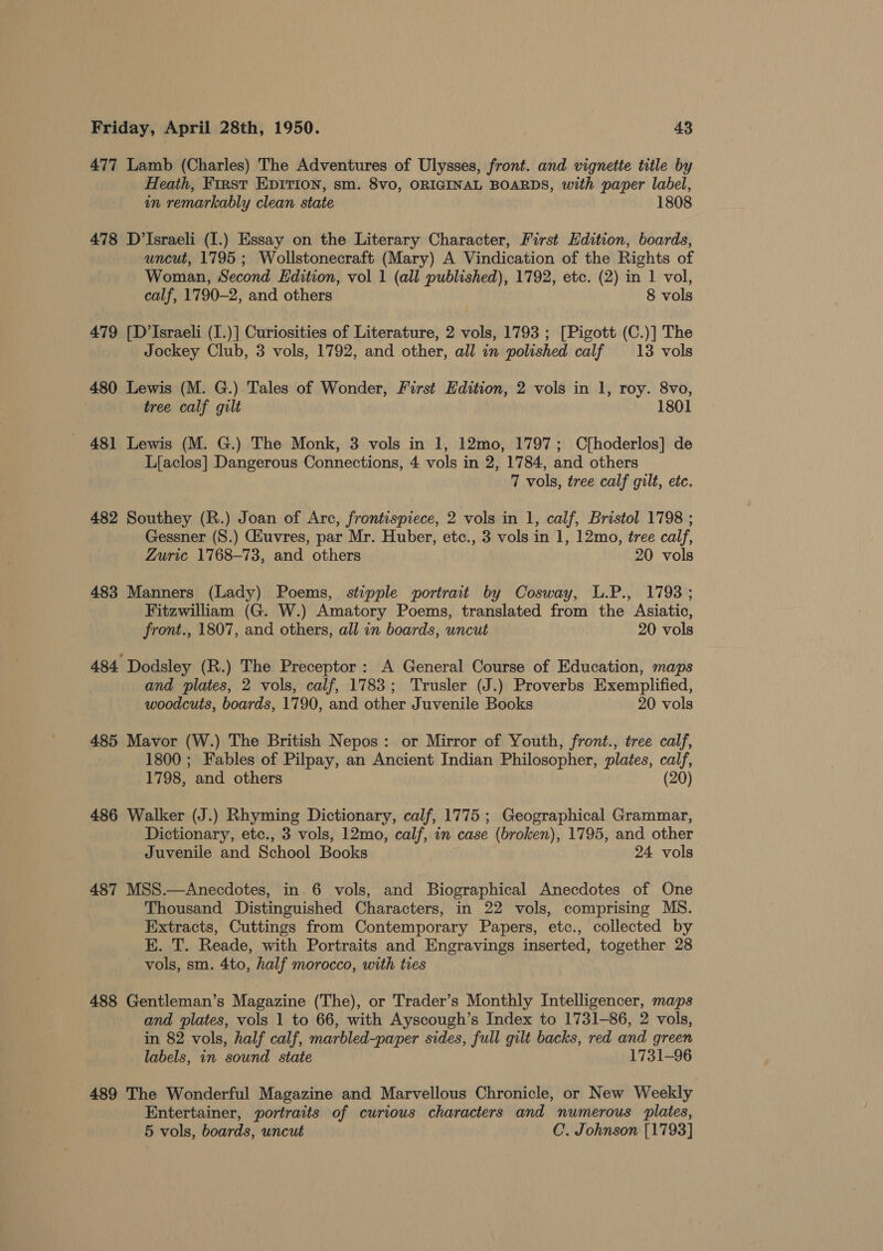 477 Lamb (Charles) The Adventures of Ulysses, front. and vignette title by Heath, First EDITION, sm. 8vo, ORIGINAL BOARDS, with paper label, in remarkably clean state 478 D’Israeli (I.) Essay on the Literary Character, First Edition, boards, uncut, 1795 ; Wollstonecraft (Mary) A Vindication of the Rights of Woman, Second Edition, vol 1 (all published), 1792, etc. (2) in 1 vol, calf, 1790-2, and others 8 vols 479 [D’Israeli (I.)] Curiosities of Literature, 2 vols, 1793 ; [Pigott (C.)] The Jockey Club, 3 vols, 1792, and other, all in polished calf 13 vols 480 Lewis (M. G.) Tales of Wonder, First Edition, 2 vols in 1, roy. 8vo, tree calf gilt 1801 481 Lewis (M. G.) The Monk, 3 vols in 1, 12mo, 1797; Cfhoderlos] de L{aclos] Dangerous Connections, 4 vols in 2, 1784, and others 7 vols, tree calf gilt, etc. 482 Southey (R.) Joan of Arc, frontispiece, 2 vols in 1, calf, Bristol 1798 ; Gessner (S.) Giuvres, par Mr. Huber, etc., 3 vols in 1, 12mo, tree calf, Zuric 1768-73, and others 20 vols 483 Manners (Lady) Poems, stipple portrait by Cosway, L.P., 1793; Fitzwilliam (G. W.) Amatory Poems, translated from the Asiatic, front., 1807, and others, all in boards, uncut 20 vols 484. Dodsley (R.) The Preceptor: A General Course of Education, maps and plates, 2 vols, calf, 1783; Trusler (J.) Proverbs Exemplified, woodcuts, boards, 1790, and other Juvenile Books 20 vols 485 Mavor (W.) The British Nepos: or Mirror of Youth, front., tree calf, 1800; Fables of Pilpay, an Ancient Indian Philosopher, plates, calf, 1798, and others (20) 486 Walker (J.) Rhyming Dictionary, calf, 1775 ; Geographical Grammar, Dictionary, etc., 3 vols, 12mo, calf, in case (broken), 1795, and other Juvenile and School Books 24 vols 487 MSS.—Anecdotes, in 6 vols, and Biographical Anecdotes of One Thousand Distinguished Characters, in 22 vols, comprising MS. Extracts, Cuttings from Contemporary Papers, etc., collected by EK. T. Reade, with Portraits and Engravings inserted, together 28 vols, sm. 4to, half morocco, with tres 488 Gentleman’s Magazine (The), or Trader’s Monthly Intelligencer, maps and plates, vols 1 to 66, with Ayscough’s Index to 1731-86, 2 vols, in 82 vols, half calf, marbled-paper sides, full gilt backs, red and green labels, in sound state 1731-96 489 The Wonderful Magazine and Marvellous Chronicle, or New Weekly Entertainer, portraits of curious characters and numerous plates, 5 vols, boards, uncut C. Johnson [1793]