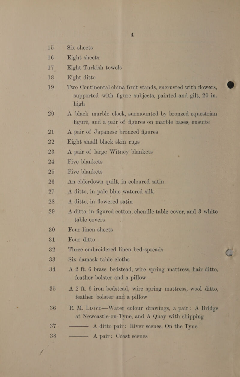 Six sheets Eight sheets Eight Turkish towels Eight ditto Two Continental china fruit stands, encrusted with flowers, supported with figure subjects, painted and gilt, 20 in. high A black marble clock, surmounted by bronzed equestrian figure, and a pair of figures on marble bases, ensuite A pair of Japanese bronzed figures Eight small black skin rugs A pair of large Witney blankets Five blankets Five blankets _ An eiderdown quilt, in coloured satin A ditto, in pale blue watered silk A ditto, in fora satin table covers Four linen sheets Four ditto Three embroidered linen bed-spreads Six damask table cloths A 2 ft. 6 brass bedstead, wire spring mattress, hair ditto, feather bolster and a pillow A 2 ft. 6 iron bedstead, wire spring mattress, wool ditto, feather bolster and a pillow R. M. Lroyp—Water colour drawings, a pair: A Bridge at Newcastle-on-Tyne, and A Quay with shipping  A ditto pair: River scenes, On the Tyne  A pair: Coast scenes 