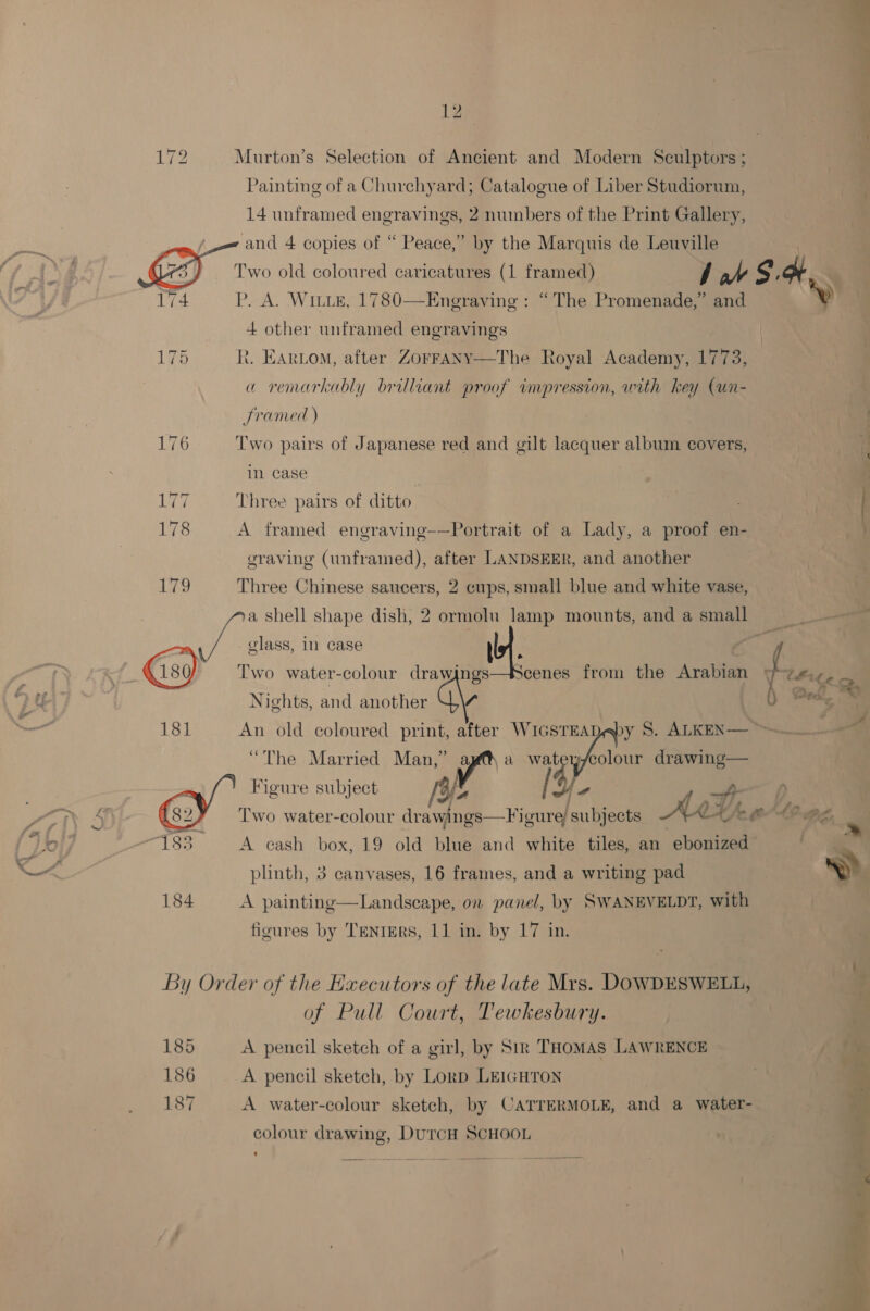 172 Murton’s Selection of Ancient and Modern Seulptors ; Painting of a Churchyard; Catalogue of Liber Studiorum, 14 unframed engravings, 2 numbers of the Print Gallery, /—= and 4 copies of “ Peace,” by the Marquis de Leuville Two old coloured caricatures (1 framed) jf ah 174 P. A. WILLE, 1780—Engraving : “The Promenade,” and + other unframed engravings 175 R. Eartom, after ZorFANY—The Royal Academy, 1773, a remarkably brilliant proof impression, with key (un- Jramed ) . 176 Two pairs of Japanese red and gilt lacquer album covers, in case Li Three pairs of ditto 178 A framed engraving-—Portrait of a Lady, a proof en- graving (unframed), after LANDSEER, and another 17? Three Chinese saucers, 2 cups, small blue and white vase, glass, in case t Two water-colour eae from the Arabian Nights, and another W\Z “The Married Man,” yo a wag colour drawing— o/s Figure subject fn  plinth, 3 canvases, 16 frames, and a writing pad 184 A painting—Landscape, on panel, by SWANEVELDT, with figures by TENIERS, 11 in. by 17 in. By Order of the Executors of the late Mrs. DOWDESWELL, of Pull Court, Tewkesbury. 185 A pencil sketch of a girl, by Sir THomMAS LAWRENCE 186 A pencil sketch, by Lorp LeiGuron 187 A water-colour sketch, by CATTERMOLE, and a water- colour drawing, DurcH ScHOOL  v 4 ‘ i a4 ! eit Cet a Ded, Sa) a a » é, 