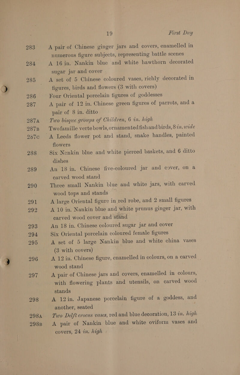 298 298A 298B 19 First Day A pair of Chinese ginger jars and covers, enamelled in numerous figure subjects, representing battle scenes A 16in. Nankin blue and white hawthorn decorated sugar jar and cover A set of 5 Chinese coloured vases, richly decorated in figures, birds and flowers (3 with covers) Four Oriental porcelain figures of goddesses A pair of 12 in. Chinese green figures of parrots, and a pair of 8 in. ditto Two bisque groups of Children, 6 in. high Two famille verte bowls, ornamented fish and birds, 8 in. wide flowers Six Nankin blue and white pierced baskets, and 6 ditto dishes. An 18 in. Chinese five-coloured jar and cover, on a carved wood stand Three small Nankin blue and white jars, with carved wood tops and stands A large Oriental figure in red robe, and 2 small figures A 10 in. Nankin blue and white prunus ginger jar, with carved wood cover and stand An 18 in. Chinese coloured sugar jar and cover Six Oriental porcelain coloured female figures A set of 5 large Nankin blue and white china vases (3 with covers) A 12 in. Chinese figure, enamelled in colours, on a carved — wood stand A pair of Chinese jars and covers, enamelled in colours, with flowering plants and utensils, on carved wood stands A 12in. Japanese porcelain figure of a goddess, and another, seated Two Delft crocus vases, red and blue decoration, 13 in. high A pair of Nankin blue and white oviform vases and covers, 24 in. high