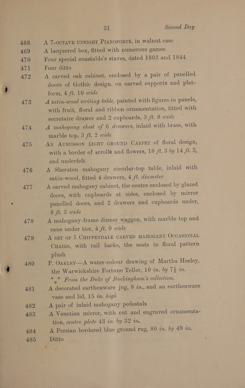 468 469 470 471 AT2 473 AT4 475 ATT 478 479 480 A481 482 483 485 Ol Second Day A 7-OCTAVE UPRIGHT PIANOFORIE, in walnut case A lacquered box, fitted with numerous games Four special constable’s staves, dated 1803 and 1844 Four ditto A carved oak cabinet, enclosed by a pair of panelled doors of Gothic design, on carved supports and plat- form, 4 ft. 10 wide A satin-wood writing table, painted with figures in panels, with fruit, floral and ribbon ornamentation, fitted with secretaire drawer and 2 cupboards, 3 /t. 8 wide A mahogany chest of 6 drawers, inlaid with brass, with marble top, 3 ft. 2 wide An AUBUSSON LIGHT GROUND CARPET of floral design, with a border of scrolls and flowers, 18 ft. 3 by 14 ft. 3, and underfelt satin-wood, fitted 4.drawers, 4 ft. diameter A carved mahogany cabinet, the centre enclosed by glazed doors, with cupboards at sides, enclosed by mirror panelled doors, and 2 drawers and cupboards under, 8 ft. 8 wide A mahogany-frame dinner waggon, with are top and cane under tier, 4 ft. 9 wide A sev or 5 CHIPPENDALE CARVED MAHOGANY OCCASIONAL Cuarrs, with rail backs, the seats in floral pattern plush P. Oaxtey—A water-colour drawing of Martha Heeley, the Warwickshire Fortune Teller, 10 in. by 7 wm. * * From the Duke of Buckingham’s collection. A decorated earthenware jug, 8 iz., and an earthenware vase and lid, 15 in. high | A pair of inlaid mahogany pedestals A Venetian mirror, with cut and engraved ornamenta- tion, centre plate 43 in. by 32 wm.