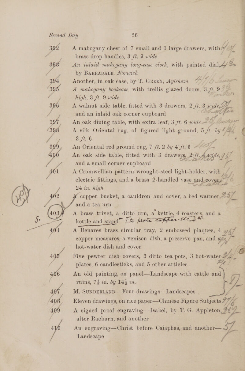 395 A mahogany chest of 7 small and 3 large drawers, wae of ling ‘a brass drop handles, 3 /¢. 9 wide 398 An wmlaid mahogany long-case clock, with painted sini L/ vA y by BARRADALE, Norwich 394 Another, in oak case, by T. GREEN, Aylsham oO. A mahogany bookcase, with trellis glazed doors, 3 ft, 9-0 ~~ ‘i j high, 3 ft. 9 wide 396 A walnut side table, fitted with 3 drawers, mek 3 sar f Pe J and an inlaid oak corner cupboard or 397, An oak dining table, with extra leaf, 3 ft. 6 wide- mote” (398 A silk Oriental rug, of figured light ground, ae ron ¢ vA 3 ft. 6 ea eee 4 An Oriental red ground rug, 7 /¢. 2 by 4 ft. 6. An oak side table, fitted with 3 drawers, St, be avide,s LN. and a small corner cupboard A Cromwellian pattern wrought-steel light-holder, with ,  electric fittings, and a brass 2-handled vase oad DOV eS” 24 in. high ( copper bucket, a cauldron and cover, a bed warmer, oa fe a tea urn s f A brass trivet, a ditto urn, a “kettle, 4 roasters, and a kettle and stapd” [% [lata exffer e€e1*! A Benares brass circular tray, 2 embossed plaques, 4 GS, a copper measures, a venison dish, a eee pan, and ae P ae ’ hot-water dish and cover fa plates, 6 candlesticks, <. 5 other lola: | Lf  4.06 An old painting, on panel—Landscape with cattle and | ruins, 74 in. by 144 i. 407 _ M. SunDERLAND—Four drawings: Landscapes Z f j aii ¢ 408 Eleven drawings, on rice paper—Chinese Figure Subjects 6 ¢ 409 A signed proof engraving—Isabel, by Gs - Appleton, 2 Z ye / after Raeburn, and another ip An engraving—Christ before Caiaphas, and another— $9 , Landscape a G