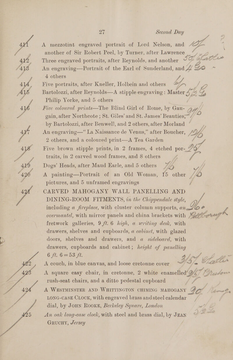 et. A mezzotint engraved portrait of Lord Nelson, and SEL another of Sir Robert Peel, by Turner, after Lawrence “ 479 Three engraved portraits, after Reynolds, and another “ le4 i ACA /AN8 An engraving—Portrait of the Earl of Sunderland, and £/ Gea ” ; / 4 others | y 414. Five portraits, after Kneller, Holbein and others Zn , Hs Aw Bartolozzi, after Reynolds—A stipple engraving : sei io g / Philip Yorke, and 5 others 416 Five coloured prints—The Blind Girl of Rome, by ee OH 4 gain, after Northcote ; St. Giles’ and St. James’ Beauties>~/ ‘ y by Bartolozzi, after Benwell, and 2 others, after Morland ‘ “ aft An engraving—“ La Naissance de Venus,” after Boucher, 14 { y, 2 others, and a coloured print—A Tea Garden ag Five brown stipple prints, in 2 frames, 4 etched por-_% 2g , , traits, in 2 carved wood frames, and 8 others 4 479 Dogs’ Heads, after Maud Earle, and 5 others tb wy) “420 A painting—Portrait of an Old Woman, {5 other 7O # pictures, and 5 unframed engravings sot - CARVED MAHOGANY WALL PANELLING AND y, DINING-ROOM FITMENTS, in the Chippendale style, 1. including a fireplace, with cluster column supports, ono e overmantel, with mirror panels and china brackets with , iP A eG A » eS é Mod sh ee eS fretwork galleries, 9 /t.6 high, a writing desk, with drawers, shelves and cupboards, a cabinet, with glazed doors, shelves and drawers, and a_ sideboard, with drawers, cupboards and cabinet; height of panelling 6 ft. 6=53 ft. 4h0d vf 4 A couch, in blue canvas, and loose cretonne cover ~~ = One A square easy chair, in cretonne, 2 white enamelled’: Yo; fs Dolor rush-seat chairs, and a ditto pedestal cupboard . A WESTMINSTER AND WHITTINGTON CHIMING MAHOGANY oo f power Bs LONG-CASE CLOCK, with engraved brass and steel calendar dial, by JOHN RooKE, Berkeley Square, London An oak long-case clock, with steel and brass dial, by JEAN GRUCHY, Jersey 