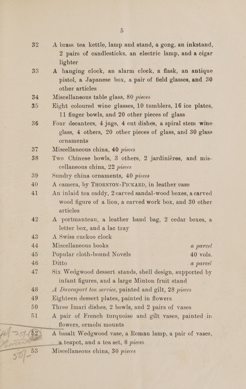 36 37 38 og 4() 41 42 43 4.4 45 46 47 50 51 ishonioe ne ? oo ] , - ay D A brass tea kettle, lamp and stand, a gong, an inkstand, 2 pairs of candlesticks, an electric lamp, and a cigar hghter A hanging clock, an alarm clock, a flask, an antique pistol, a Japanese box, a pair of field glasses, and 30 other articles Miscellaneous table glass, 80 yveces Eight coloured wine glasses, 10 tumblers, 16 ice plates, 11 finger bowls, and 20 other pieces of glass Four decanters, 4 Jugs, 4 cut dishes, a spiral stem wine glass, 4 others, 20 other pieces of glass, and 30 glass ornaments . Miscellaneous china, 40 pieces Two Chinese bowls, 3 others, 2 jardiniéres, and mis- cellaneous china, 22 pieces , Sundry china ornaments, 40 pveces A camera, by THORNTON-PICKARD, in leather case An inlaid tea caddy, 2 carved sandal-wood boxes, a carved wood figure of a lion, a carved work box, and 30 other articles | A portmanteau, a leather hand bag, 2 cedar boxes, a letter box, and a lac tray A Swiss cuckoo clock Miscellaneous books a parcel Popular cloth-bound Novels 40 vols. Ditto . a parcel Six Wedgwood dessert stands, shell design, supported by infant figures, and a large Minton fruit stand Highteen dessert plates, painted in flowers Three Imari dishes, 2 bowls, and 2 pairs of vases A pair of French turquoise and gilt vases, painted in flowers, ormolu mounts _.a teapot, and a tea set, 8 pieces.