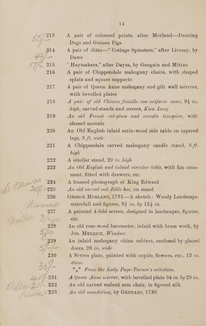 46 oN 213 214 A pair of coloured prints, after Morland— Dancing Dogs and Guinea Pigs A pair of ditto—* Cottage Spinsters,”’ after Livesay, by Dawe . “ Haymakers,” after Dayes, by Gaugain and Mittau splats and square supports A pair of Queen Anne mahogany and gilt wall mirrors, with bevelled plates A pars of old Chinese famille rose oviforin vases, 9 in. high, carved stands and covers, Kien Luny An old French cut-glass and ormolu timepiece, with chased mounts An Old English inlaid satin-wood side table on tapered A Chippendale carved mahogany candle stand, 3 jf. high | | A similar stand, 20 in. high An Old English and mlaid circular table, with fan orna- ment, fitted with drawers, ete. A framed photograph of King Edward An old carved oak Bible box, on stand GEORGE Moruanp, 1791—A sketch: Woody Landscape, waterfall and figures, 93 on. by 155 an. A painted 4-fold screen, designed in landscapes, figures, ete. | ? An old rose-wood barometer, inlaid with brass work, by Jos. Merrick, Windsor An inlaid mahogany china cabinet, enclosed by glazed doors, 28 22. wide A Sevres plate, painted with cupids, flowers, ete., 13 77. dian. *,* From the Lady Page-Turner’s collection. A (ucen Anne morror, with bevelled plate 34 an. by 20 an. An old carved walnut arm chair, in figured silk . An old mandoline, by GENNARO, 1780