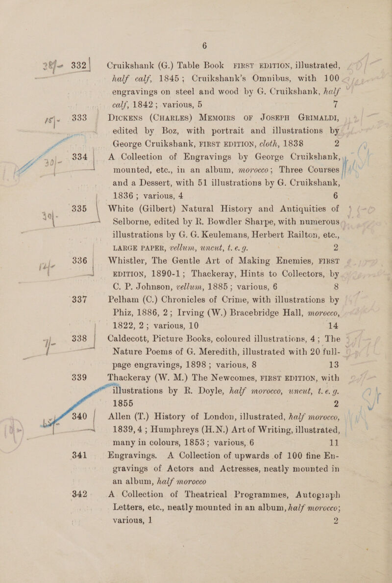 2 ry - 332 | Cruikshank (G.) Table Book ¥IRST EDITION, illustrated, : a half calf, 1845; Cruikshank’s Omnibus, with 100_ engravings on steel and wood by G. Cruikshank, half — | .. calf, 1842; various, 5 d fgi~ .333 DICKENS (CHARLES) MEMOIRS OF JOSEPH GRIMALDI, | edited by Boz, with portrait and illustrations by _.. George Cruikshank, FIRST EDITION, cloth, 1838 2 oe ie A Collection of Engravings by George Cruikshank, i Sah | : mounted, etc., in an album, morocco; Three Courses | ; and a Dessert, with 51 illustrations by G. Cruikshank, = 1836 ; various, 4 . 6 335 White (Gilbert) Natural History and Antiquities of ‘ \ _—\ Selborne, edited by R. Bowdler Sharpe, with numerous ’ illustrations by G, G. Keulemans, Herbert Railton, ete., LARGE PAPER, vellum, uncut, t. e.g. ‘ 2 336 Whistler, The Gentle Art of Making Enemies, FIRST ened _ EDITION, 1890-1; Thackeray, Hints to Collectors, by | C. P. Johnson, vellawm, 1885; various, 6 8 337 Pelham (C.) Chronicles of Crime, with illustrations by Phiz, 1886, 2; Irving (W.) Bracebridge Hall, morocco, 1822, 2; various, 10 : ier 338 | Caldecott, Picture Books, coloured illustrations, 4; The ait Nature Poems of G. Meredith, illustrated with 20 full-— page engravings, 1898; various,8 — 13 339 Thackeray (W. M.) The Newcomes, FIRST EDITION, with  “illustrations by R. Doyle, half morocco, uncut, te. 9. 1855 2 Allen (T.) History of London, illustrated, half morocco, 1839, 4 ; Humphreys (H.N.) Art of Writing, illustrated, many in colours, 1853; various, 6 dct. 341 Engravings. A Collection of upwards of 100 fine En- gravings of Actors and Actresses, neatly mounted in an album, half morocco 342 A Collection of Theatrical Programmes, Autograph 3 Letters, etc., neatly mounted in an album, half morocco; various, 1 2