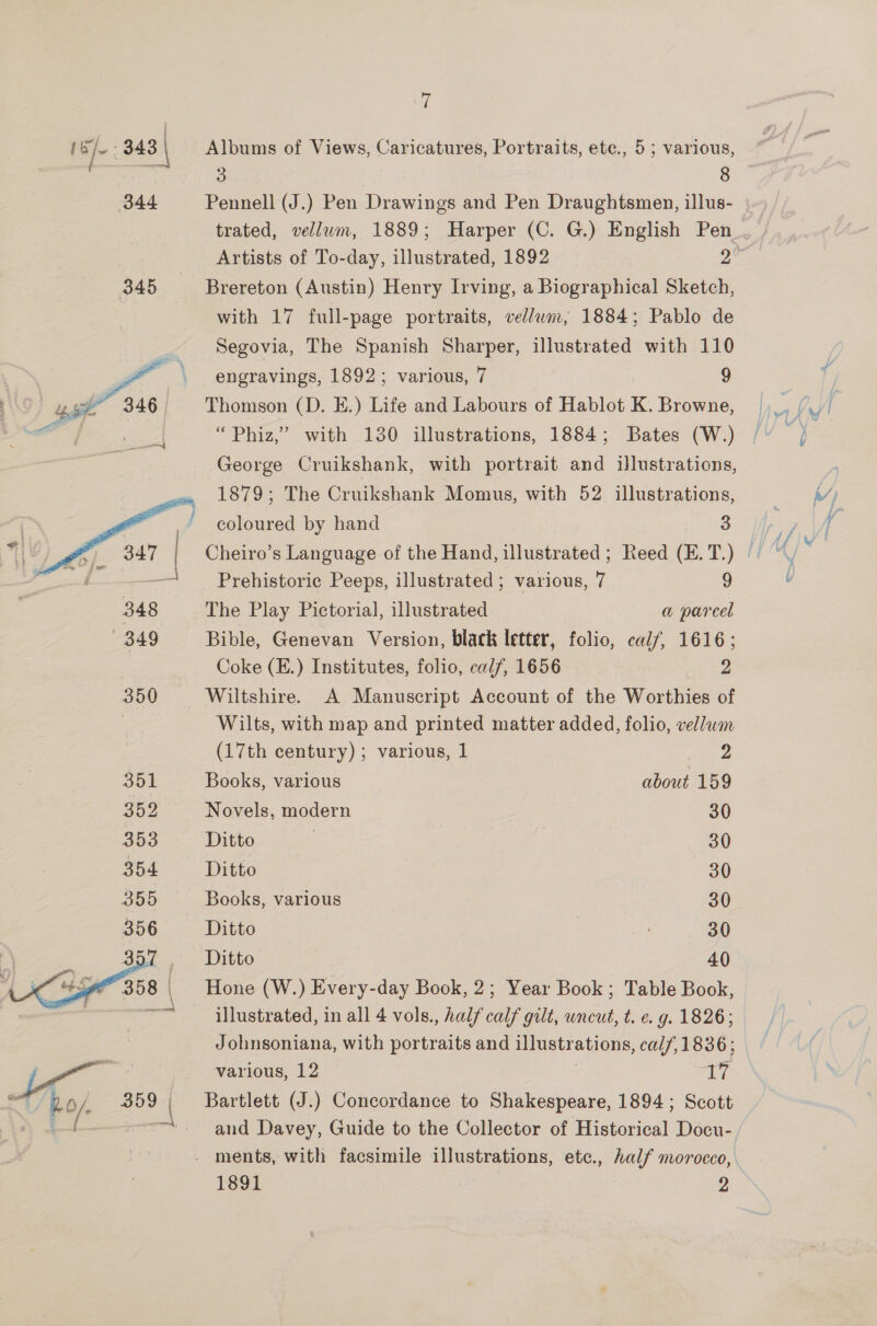 dee bd 343 | Albums of Views, Caricatures, Portraits, etc., 5 ; various, ae 3 8 344 Pennell (J.) Pen Drawings and Pen Draughtsmen, illus- 345 Brereton (Austin) Henry Irving, a Biographical Sketch, with 17 full-page portraits, vellum, 1884; Pablo de Segovia, The Spanish Sharper, illustrated with 110  engravings, 1892; various, 7 | 9 y ge Thomson (D. E.) Life and Labours of Hablot K. Browne, a ie | cee “Phiz,’ with 130 illustrations, 1884; Bates (W.) George Cruikshank, with portrait and illustrations, 1879; The Cruikshank Momus, with 52 illustrations,  : ' coloured by hand 3 * Cheiro’s Language of the Hand, illustrated; Reed (E.T.) || ~ Prehistoric Peeps, illustrated ; various, 7 9 348 The Play Pictorial, illustrated a parcel 349 Bible, Genevan Version, black letter, folio, calf, 1616; Coke (E.) Institutes, folio, calf, 1656 2 350 Wiltshire. A Manuscript Account of the Worthies of 7 Wilts, with map and printed matter added, folio, vellwm (17th century) ; various, 1 by Books, various about 159 Novels, modern 30 Ditto 30 Ditto 30 Books, various 30 Ditto 30 Ditto 40 Hone (W.) Every-day Book, 2; Year Book; Table Book, illustrated, in all 4 vols., half calf gut, uncut, t. ¢. g. 1826; Johnsoniana, with portraits and illustrations, ca/7,1836; various, 12 . re Bartlett (J.) Concordance to Shakespeare, 1894; Scott and Davey, Guide to the Collector of Historical Docu- - ments, with facsimile illustrations, etc., half morocco, 1891 : 2 