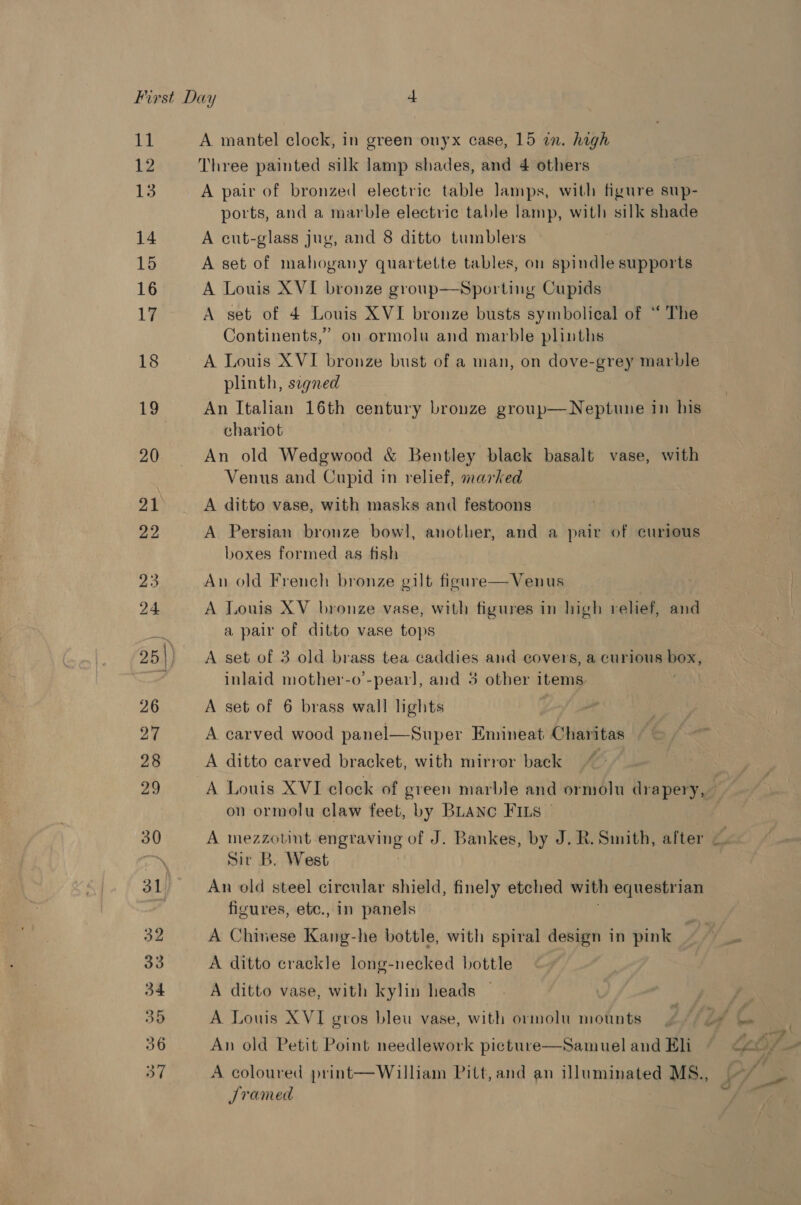 11 A mantel clock, in green onyx case, 15 in. high 12 Three painted silk lamp shades, and 4 others 13 A pair of bronzed electric table lamps, with figure sup- ports, and a marble electric table lamp, with silk shade 14 A cut-glass jug, and 8 ditto tumblers 15 A set of mahogany quartette tables, on spindle supports 16 A Louis XVI bronze group—Sporting Cupids i A set of 4 Louis XVI bronze busts symbolical of “ The Continents,’ on ormolu and marble plinths 18 A Louis XVI bronze bust of a man, on dove-grey marble plinth, segned 19 An Italian 16th century bronze group—Neptune in his chariot 20 An old Wedgwood &amp; Bentley black basalt vase, with Venus and Cupid in relief, marked 21 A ditto vase, with masks and festoons 22 A Persian bronze bowl, another, and a pair of curious boxes formed as fish 23 An old French bronze gilt figure— Venus 24 A Louis XV bronze vase, with figures in high relief, and a pair of ditto vase tops 25)} A set of 3 old brass tea caddies and covers, a curious OR, inlaid mother-o’-pearl, and 5 other items 26 A set of 6 brass wall lights 27 A carved wood panel—Super Emineat Charitas 28 A ditto carved bracket, with mirror back 29 A Louis XVI clock of green marble and ormolu drapery, on ormolu claw feet, by BLANC FILS — 30 A mezzotint engraving of J. Bankes, by J. R. Sinith, after \ Sir B. West 31 An old steel circular shield, finely etched with equestrian . fivures, etc., in panels 32 A Chinese Kang-he bottle, with spiral design in pink 33 A ditto crackle long-necked bottle 34 A ditto vase, with kylin heads | 35 A Louis XVI gros bleu vase, with ormolu mounts 36 An old Petit Point needlework picture—Samuel and Eli 37 A coloured print—William Pitt,and an illuminated MS., Jramed