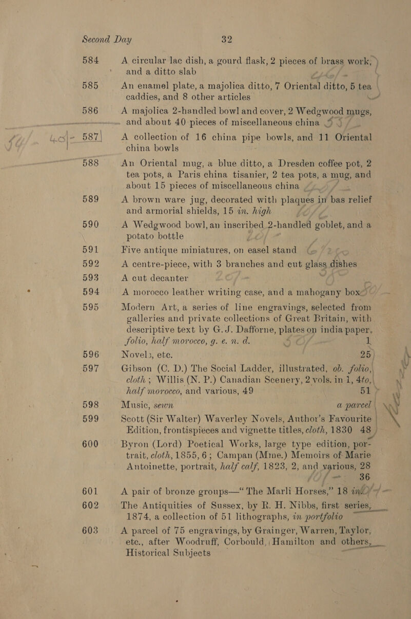 584 585 586 587) 588 589 590 591 592 593 594 595 596 597 598 599 600 601 602 603 and a ditto slab caddies, and 8 other articles A majolica 2-handled bow] and cover, 2 Wedgwood mugs, P 4 7 and about 40 pieces of miscellaneous china a A collection of 16 china Pe bowls, and 11 Oriental china bowls An Oriental mug, a blue ditto, a Dresden coffee pot, 2 tea pots, a Paris china tisanier, 2 tea pots, a m8, and about 15 pieces of miscellaneous china A brown ware jug, decorated with plaques in bas relief and armorial shields, 15 in. high A Wedgwood bow], an inscribed 2- handled goblet, and a potato bottle Five antique miniatures, on eee stand A centre-piece, with 3 branches and cut glass dishes A cut decanter si | A morocco leather writing case, and a mahogany box: Modern Art, a series of line engravings, selected from galleries and private collections of Great Britain, with descriptive text by G.J. Dafforne, gi on india paper, Solio, half morocco, g. e. n. a. Ry 1 Edition, frontispieces and vignette titles, cloth, 1830 48 } Byron (Lord) Poetical Works, large type edition, por trait, cloth, 1855,6; Campan (Mie.) Memoirs of: Marie Antoinette, portrait, half calf, 1823, 2, and various, 28 ao A pair of bronze groups—*“ The Marli Horiede 18 inky The Antiquities of Sussex, by R. H. Nibbs, first series, 1874, a collection of 51 lithographs, in portfolio ~~ A parcel of 75 engravings, by Grainger, Warren, Taylor, ete., after Woodruff, Corbould, ‘Hamilton and others, Fistotion! Subjects