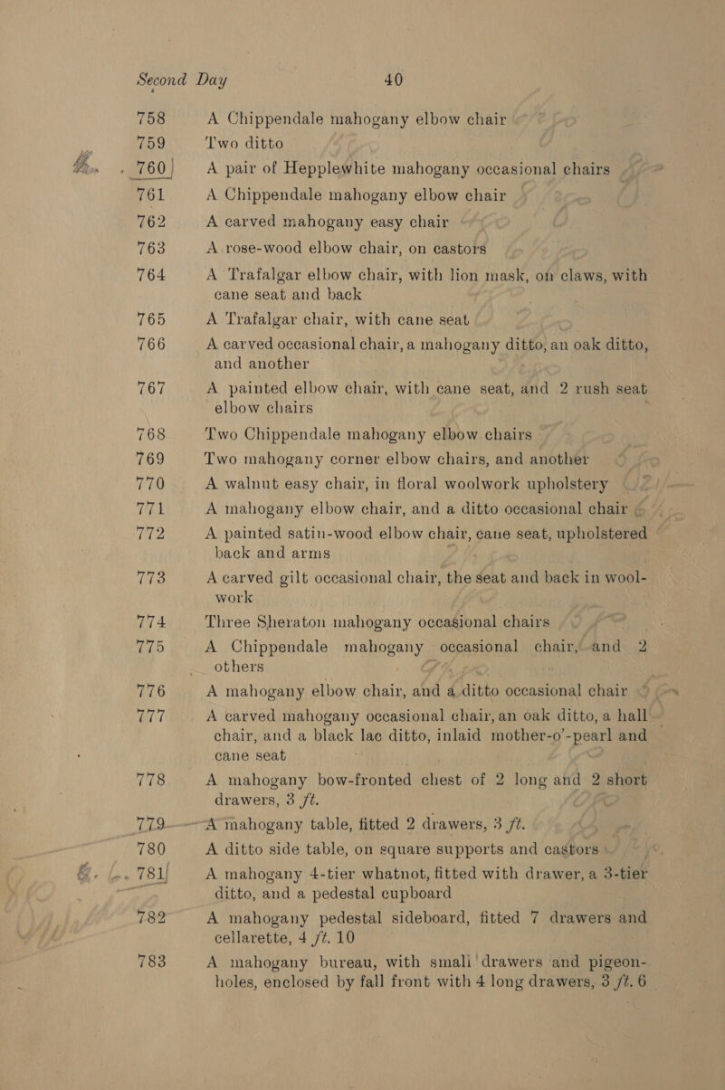 Two ditto A pair of Hepplewhite mahogany occasional chairs A. Chippendale mahogany elbow chair A carved mahogany easy chair A. rose-wood elbow chair, on castors A Trafalgar elbow chair, with lion mask, on claws, with cane seat and back A Trafalgar chair, with cane seat A carved occasional chair, a mahogany ditto, an oak ditto, and another A painted elbow chair, with cane seat, and 2 rush seat elbow chairs I Two Chippendale mahogany elbow chairs - Two mahogany corner elbow chairs, and another A walnut easy chair, in floral woolwork upholstery A mahogany elbow chair, and a ditto occasional chair ¢ A painted satin-wood elbow chair, cane seat, upholstered back and arms A carved gilt occasional chair, the seat ait back in wool- work Three Sheraton mahogany occasional chairs A Chippendale mahogany occasional chair, and 2 others Vi : A mahogany elbow chair, and a.ditto occasional chair A carved mahogany occasional chair, an oak ditto, a hall— chair, and a black lae ditto, inlaid mother-o’-pearl and cane seat A mahogany bow-fronted ios: of 2 long and 2 short drawers, 3 /t. A ditto side table, on square supports and castors A mahogany 4-tier whatnot, fitted with drawer, a 3-tier ditto, and a pedestal cupboard A mahogany pedestal sideboard, fitted 7 drawers and cellarette, 4 /¢. 10 A mahogany bureau, with smali drawers and pigeon-