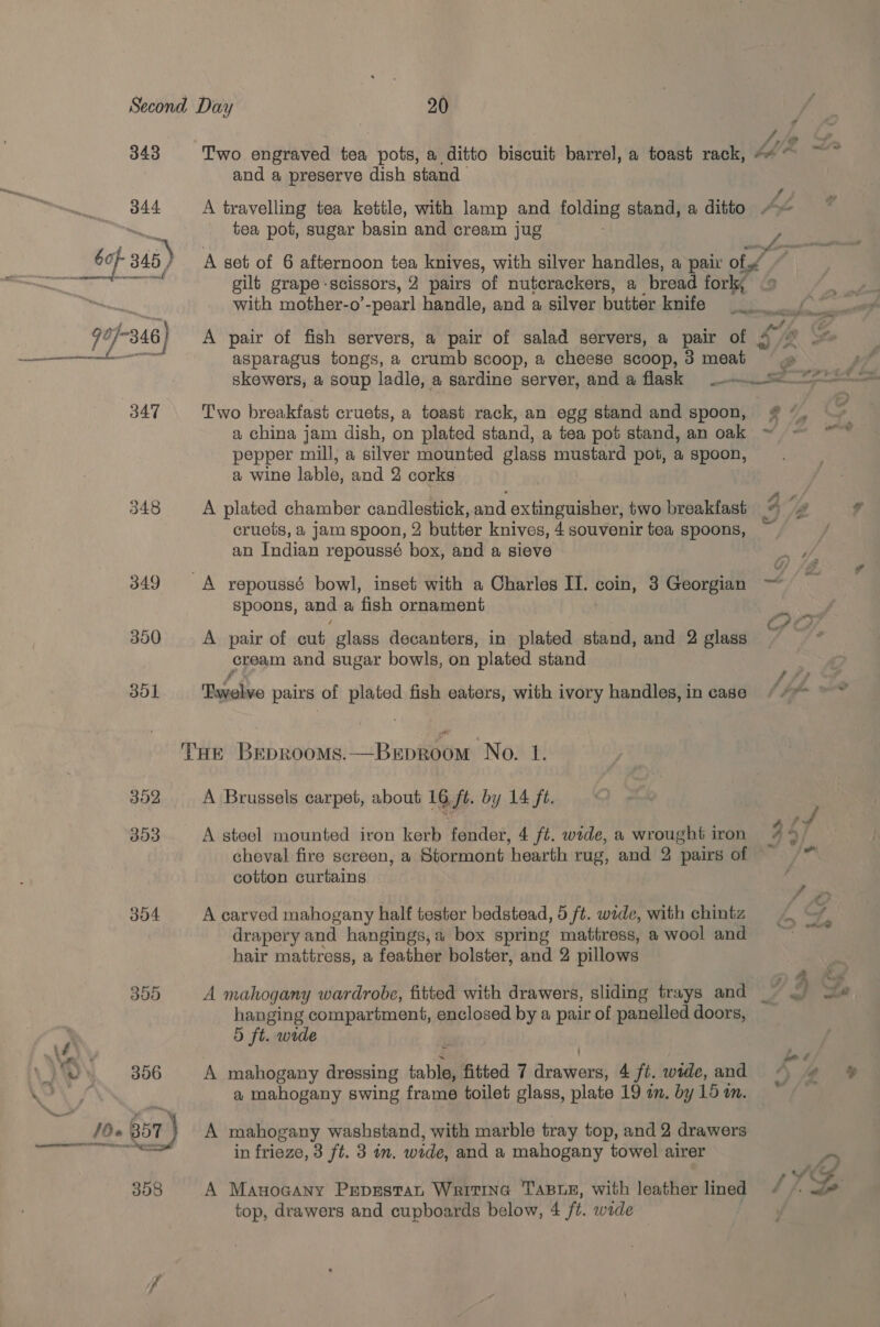 o Jf, oo - 343 Two engraved tea pots, a ditto biscuit barrel, a toast rack, “““ ~~ and a preserve dish stand , 344 A travelling tea kettle, with lamp and foldeng stand, a ditto - Bu tea pot, sugar basin and cream jug ye of 345) A set of 6 afternoon tea knives, with silver handles, a pair of i, eae gilt grape - scissors, 2 pairs of nutcrackers, a bread forky with mother-o’-pearl handle, and a silver butter knife pon 70/346) A pair of fish servers, a pair of salad servers, a pair of 4% »~ asparagus tongs, a crumb scoop, a cheese scoop, 3 meat Py skewers, a soup ladle, a sardine server, anda flask “== 347 Two breakfast cruets, a toast rack, an egg stand and spoon, #4, a china jam dish, on plated stand, a tea pot stand, an oak ~ — “~~ pepper mill, a silver mounted glass mustard pot, a spoon, a wine lable, and 2 corks 348 A plated chamber candlestick, and extinguisher, two breakfast cruots, a jam spoon, 2 butter knives, 4 souvenir tea spoons, an Indian repoussé box, and a sieve 349 A repoussé bowl, inset with a Charles II. coin, 3 Georgian ~ spoons, and a fish ornament Cr 390 A pair of cut glass decanters, in plated stand, and 2 glass cream and sugar bowls, on plated stand f ff} 301 Twelve pairs of plated fish eaters, with ivory handles,incase //*- ~~ Tue Breprooms.—Bxproom No. 1. 302 A Brussels carpet, about 16,ft. by 14 fi. ] 303 A steel mounted iron kerb fonder, 4 ft. wide, a wrought iron 3 4) cheval fire screen, a Stormont hearth rug, and 2 pairs of cotton curtains 304 A carved mahogany half tester bedstead, 5 ft. wide, with chintz drapery and hangings,a box spring mattress, a wool and hair mattress, a feather bolster, and 2 pillows 305 A mahogany wardrobe, fitted with drawers, sliding trays and %, 4 fe hanging compartment, enclosed by a pair of panelled doors, 5 ft. wide 306 A mahogany dressing tah fitted 7 Fatal 4 ft. wide,and “) # a mahogany swing frame toilet glass, plate 19 om. by 15 an. /O« 857 } A mahogany washstand, with marble tray top, and 2 drawers FR a in frieze, 3 ft. 3 in. wide, and a mahogany towel airer 358 A Mauoaany Preprstan Writinac TABLE, with leather lined 4 top, drawers and cupboards below, 4 ft. wide