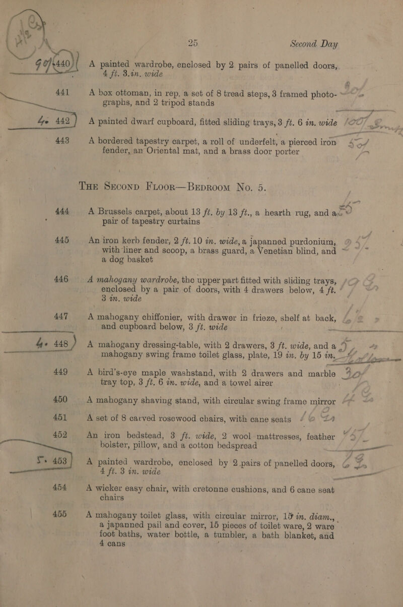  iv « A painted wardrobe, enclosed by 2 pairs of panelled doors, . 4 ft. 3.1n, wide 441 A box ottoman, in rep, a set of 8 tread steps, 3 framed photo- “ fender, an Oriental mat, and a brass door porter THE Srconp FLoorn—Beproom No. 5. ~ pair of tapestry curtains 445 An iron kerb fender, 2 ft. 10 in. wide, a japanned purdonium, with liner and scoop, a brass guard, a Venetian blind, and ~ a dog basket 446 A mahogany wardrobe, the upper part fitted with sliding trays, fi enclosed by a pair of doors, with 4 drawers below, 4 ft. °— 3m. wide 447 A mahogany chiffonier, with drawer in frieze, shelf at back, /.. | and cupboard below, 3 ft. wide  ere he 448 ) A mahogany dressing-table, with 2 drawers, 3 ft. wide, and a a 449 A bird’s-eye maple washstand, with 2 drawers and marble tay tray top, 3 ft. 6 im. wide, and a towel airer , 450 A mahogany shaving stand, with circular swing frame mirror 451 A set of 8 carved rosewood chairs, with cane seats fo nD 452 An iron bedstead, 3 ft. wide, 2 wool mattresses, feather bolster, pillow, and a cotton bedspread Vs 453 A painted wardrobe, enclosed by 2 pairs of panelled doors, G 4 ft. 3 in. wide } 454 A wicker easy chair, with cretonne cushions, and 6 cane seat chairs 455 A mahogany toilet glass, with circular mirror, 19 in. diam.,_ a japanned pail and cover, 15 pieces of toilet ware, 2 ware foot baths, water bottle, a tumbler, a bath blanket, and 4 cans