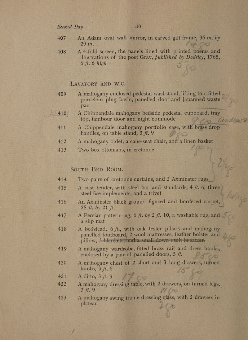 407 An Adam oval wall mirror, in carved gilt frame 36 in. by 29 in. ihe (Re 408 A 4-fold screen, the panels lined with printed poems and illustrations of the Per Gray, bas a mi 1765, 6 ft. 6 high- LAVATORY AND W.C. pan handles, on table stand, 3 ft. 9 ie AMZ A mahogany bidet, a cane-seat chair, and a ies basket 413 Two box ottomans, in cretonne fh teen ie SouTH BED Room. 1g Two pairs of cretonne curtains, and 2 Axminster rugs__/ steel fire implements; and a trivet 416 An Axminster black ground figured and bordered carpet, 25 ea ey Wed Fe a slip mat 418 A bedstead, 6 ft., with oak tester pillars and mahogany pillow, 3-blankéts/andearsmalludownmquiltimsateen 419 A mahogany wardrobe, fitted brass rail and dress hooks, enclosed by a pair of panelled doors, 5 ft. toe tae 420 A mahogany chest of 2 short and 3 sts drawers, tutned knobs, Bitte 6 ‘A, ' sm 421. A ditto, 3/7. 9 he | | 422 A pnts eAny dressing tale, with 2 draw ers, on “tur ned legs, A | ff IX 423 A mahogany swing frame dressing glass, with 2 drawers in plateau We eee ger wh, Alege? “er