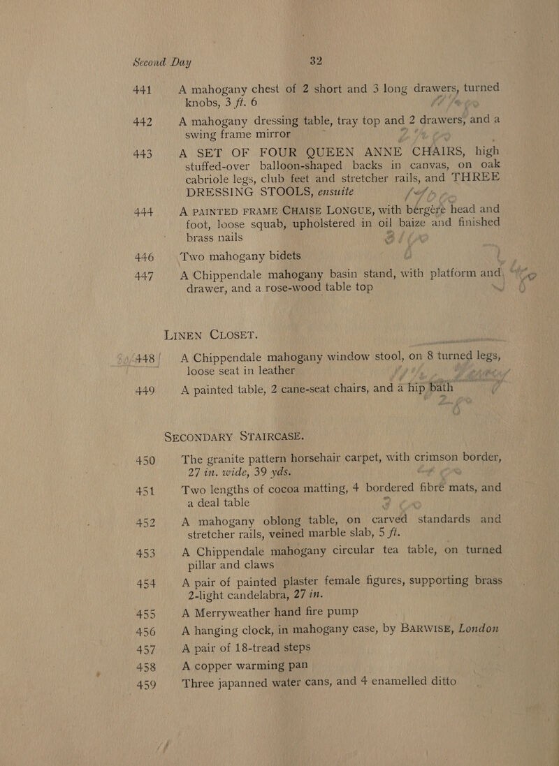 441 444 44.6 447 449 A mahogany chest of 2 short and 3 long drawers, turned knobs, 3 ft. 6 wo Ve A mahogany dressing table, tray top and 2 drawers, and a swing frame mirror A SET OF FOUR QUEEN ANNE CHAIRS, high stuffed-over balloon-shaped backs in canvas, on oak cabriole legs, club feet and stretcher rails, and THREE DRESSING STOOLS, ensuite 4 tpn A PAINTED FRAME CHAISE LONGUE, with bérgére head and foot, loose squab, upholstered in ie baize and finished brass nails os f @ % Two mahogany bidets drawer, and a rose-wood table ie A Chippendale mahogany window siasleng on $ puted eg loose seat in leather , ‘ ds : A painted table, 2 cane-seat chairs, Brien a) bath sfeii The gr anite pattern horsehair carpet, with crimson hit wi 27 in. wide, 39 yds. i Two lengths of cocoa matting, + bor are ed fibre mats, and a deal table ; A mahogany oblong table, on carved standards and stretcher rails, veined marble slab, 5 /t. A Chippendale mahogany circular tea table, on turned pillar and claws A pair of painted plaster female figures, supporting brass 2-light candelabra, 27 in. A Merryweather hand fire pump A hanging clock, in mahogany case, by BARWISE, London A pair of 18-tread steps A copper warming pan