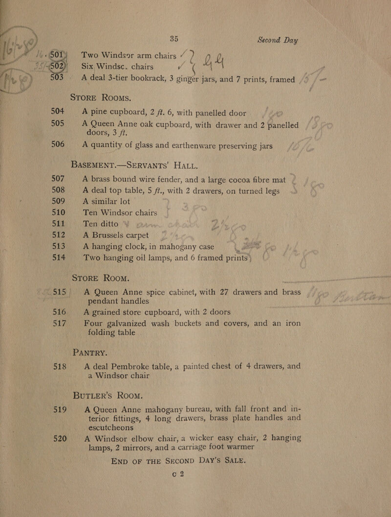  506 507 508 509 510 511 512 513 514 516 jt 518 519 520 35 Second Day Two Windsor arm chairs i ve 2 4g Six, Windsc. chairs A deal 3-tier bookrack, te ginger jars, and 7 prints, framed A pine cupboard, 2 ft. 6, with panelled door A Queen Anne oak cupboard, with drawer and 2 panelled doors, 3 ft. A quantity of glass and earthenware preserving jars A brass bound wire fender, and a large cocoa fibre mat é A deal top table, 5 ft., with 2 drawers, on turned legs A similar lot Ten Windsor chairs Ten ditto A Brussels carpet A hanging clock, in maho gany case Two hanging oil lamps, and 6 framed acinen A Queen Anne spice cabinet, with 27 itada and brass pendant handles A grained store cupboard, with 2 doors Four galvanized wash buckets and covers, and an iron folding table . A deal Pembroke table, a painted chest of 4 drawers, and a Windsor chair A Queen Anne mahogany bureau, with fall front and in- terior fittings, 4 long drawers, brass plate handles and _escutcheons A Windsor elbow chair, a wicker easy chair, 2 hanging lamps, 2 mirrors, and a carriage foot warmer END OF THE SECOND DAY’S SALE. Cc 2