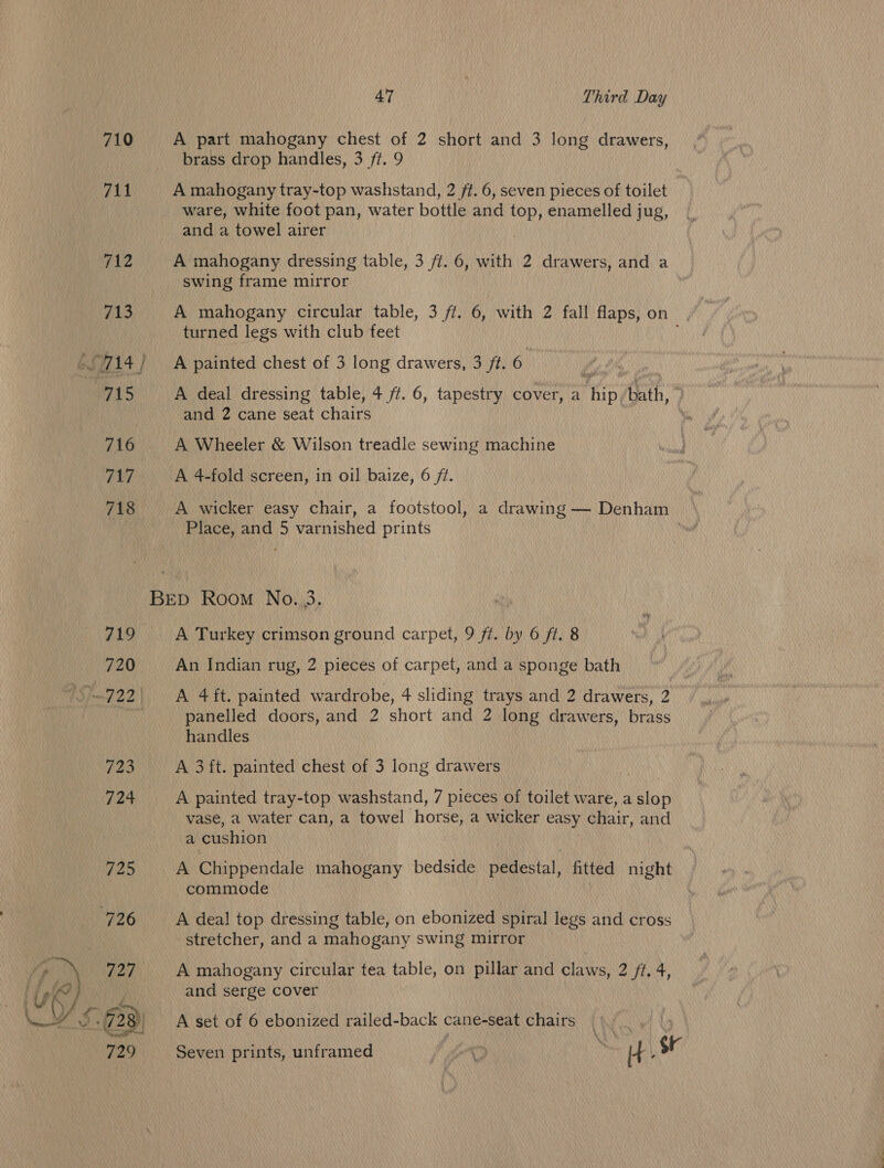 710 7u 712 VL 715 716 717 718 47 | Third Day A part mahogany chest of 2 short and 3 long drawers, brass drop handles, 3 ff. 9 A mahogany tray-top washstand, 2 ft. 6, seven pieces of toilet ware, white foot pan, water bottle and top, enamelled jug, and a towel airer A mahogany dressing table, 3 fi. 6, with 2 drawers, and a swing frame mirror | A mahogany circular table, 3 ff. 6, with 2 fall flaps, on turned legs with club feet A painted chest of 3 long drawers, 3 ft. 6 A deal dressing table, 4 ft. 6, tapestry cover, a hip, bath, } and 2 cane seat chairs | A Wheeler &amp; Wilson treadle sewing machine A 4-fold screen, in oil baize, 6 ft. A wicker easy chair, a footstool, a drawing — Denham Place, and 5 varnished prints A Turkey crimson ground carpet, 9 ft. by 6 ft. 8 An Indian rug, 2 pieces of carpet, and a sponge bath A 4 ft. painted wardrobe, 4 sliding trays and 2 drawers, 2 panelled doors, and 2 short and 2 long drawers, brass handles A 3 ft. painted chest of 3 long drawers A painted tray-top washstand, 7 pieces of toilet ware, a slop vase, a water can, a towel horse, a wicker easy chair, and a cushion A Chippendale mahogany bedside pedestal, fitted night commode A deal top dressing table, on ebonized spiral legs and cross stretcher, and a mahogany swing mirror A mahogany circular tea table, on pillar and claws, 2 /7. 4, and serge cover A set of 6 ebonized railed-back cane-seat chairs | Seven prints, unframed
