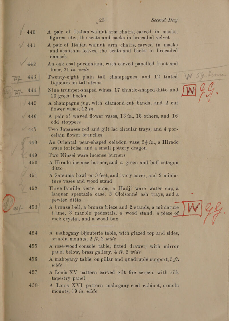   458 25 Second Day o A pair of Italian walnut arm chairs, carved in masks, figures, etc., the seats and backs in brocaded velvet A pair of Italian walnut arm chairs, carved in masks and acanthus leaves, the seats and backs in brocaded damask An oak coal purdonium, with carved panelled front and liner, 21 in. wide Twenty-eight plain tall champagnes, and 12 tinted liqueurs on tall stems . Nine trumpet-shaped wines, 17 thistle-shaped ditto, and 10 green hocks A champagne jug, with diamond cut bands, and 2 cut flower vases, 12 7. A pair of waved flower vases, 13 7in., 18 others, and 16 odd stoppers Two Japanese red and gilt lac circular trays, and 4 por- celain flower branches An Oriental pear-shaped celadon vase, 54 7n., a Hirado ware tortoise, and a small pottery dragon Two Ninsei ware incense burners A Hirado incense burner, and a green and buff octagon ditto A Satsuma bowl on 3 feet, and ivory cover, and 2 minia- ture vases and wood stand Three famille verte cups, a Hadji ware water cup, a lacquer spectacle case, 3 Cloisonné ash trays, and a pewter ditto a rock erystal, and a wood box A mahogany bijouterie table, with glazed top and sides, ormolu mounts, 2 /¢. 2 wide A rose-wood console table, fitted drawer, with mirror panel below, brass gallery, 4 /¢. 2 wide A mahogany table, on pillar and quadruple support, 5 /¢. wide A Louis XV pattern carved gilt fire screen, with silk tapestry panel A Louis XVI pattern mahogany coal cabinet, ormolu mounts, 19 272. wide f