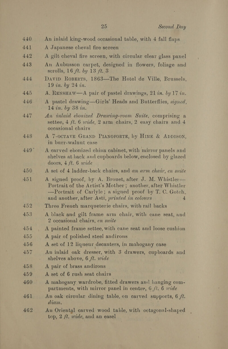 440 441 442 443 444 445 446 447 448 25 Second Day An inlaid king-wood occasional table, with 4 fall flaps A Japanese cheval fire screen A gilt cheval fire screen, with circular clear glass panel An Aubusson carpet, designed in flowers, foliage and scrolls, 16 /t. by 13 ft. 3 David RosBeErts, 1863—The Hotel de Ville, Brussels, 19 in. by 24 on. A. RENSHAW—A pair of pastel drawings, 21 in. by 17 in. A pastel drawing—Girls’ Heads and Butterflies, signed, 14 an. by 38 in. An inlaid ebonized Drawing-room Suite, comprising a settee, 4 /¢. 6 wide, 2 arm chairs, 2 easy chairs and 4 occasional chairs A 7-OCTAVE GRAND PIANOFORTE, by HIME &amp; ADDISON, in burr-walnut case A earved ebonized china cabinet, with mirror panels and shelves at back and cupboards below, enclosed by glazed doors, + ft. 6 wide A set of 4 ladder-back chairs, and an arm chair, en sautte A signed proof, by A. Brouet, after J. M. Whistler— Portrait of the Artist’s Mother; another, after Whistler —Portrait of Carlyle; a signed proof by T. C. Gotch, and another, after Asti, printed in colours 4 Three French marqueterie chairs, with rail backs A black and gilt frame arm chair, with cane seat, and 2 occasional chairs, en suite A painted frame settee, with cane seat and loose cushion A pair of polished steel andirons A set of 12 liqueur decanters, in mahogany case An inlaid oak dresser, with 3 drawers, cupboards and shelves above, 6 /¢. wide A pair of brass andirons A set of 6 rush seat chairs A mahogany wardrobe, fitted drawers and hanging com- partments, with mirror panel in centre, 6 //. 6 wide An oak circular dining table, on carved supports, 6 /¢. diam i Au Oriental carved wood table, with octagonal-shaped