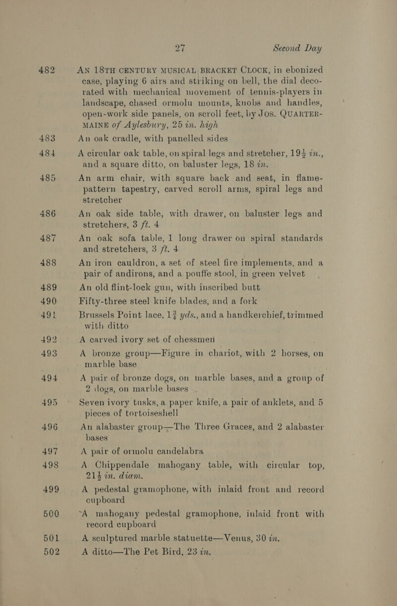 483 484 485 486 487 488 489 490 49} 49? 493 494 495 496 497 498 499 500 501 502 27 Second Day AN 18TH CENTURY MUSICAL, BRACKET CLOCK, in ebonized case, playing 6 airs and striking on bell, the dial deco- rated with mechanical movement of tennis-players in landscape, chased ormolu mounts, knobs and handles, open-work side panels, on scroll feet, by Jos. QUARTER- MAINE of Aylesbury, 25 in. high An oak cradle, with panelled sides A circular oak table, on spiral legs and stretcher, 193 2n., and a square ditto, on baluster legs, 18 in. An arm chair, with square back and seat, in flame- pattern tapestry, carved scroll arms, spiral legs and stretcher An oak side table, with drawer, on baluster legs and stretchers, 3 /t. 4 An oak sofa table, 1 long drawer on spiral standards and stretchers, 3 /t. 4 An iron cauldron, a set of steel fire implements, and a pair of andirons, and a pouffe stool, in green velvet An old flint-lock gun, with inscribed butt Fifty-three steel knife blades, and a fork Brussels Point lace, 1? yds., and a handkerchief, trimmed with ditto A carved ivory set of chessmen A bronze group—Figure in chariot, with 2 horses, on marble base A pair of bronze dogs, on marble bases, and a group of 2 dogs, on marble bases Seven ivory tusks, a paper knife, a pair of anklets, and 5 pieces of tortoiseshell An alabaster group—The Three Graces, and 2 alabaster bases A pair of ormolu candelabra A Chippendale mahogany table, with circular top, 214 in. diam. A pedestal gramophone, with inlaid front and record cupboard record cupboard A sculptured marble statuette—Venus, 30 in. A ditto—The Pet Bird, 23 im,