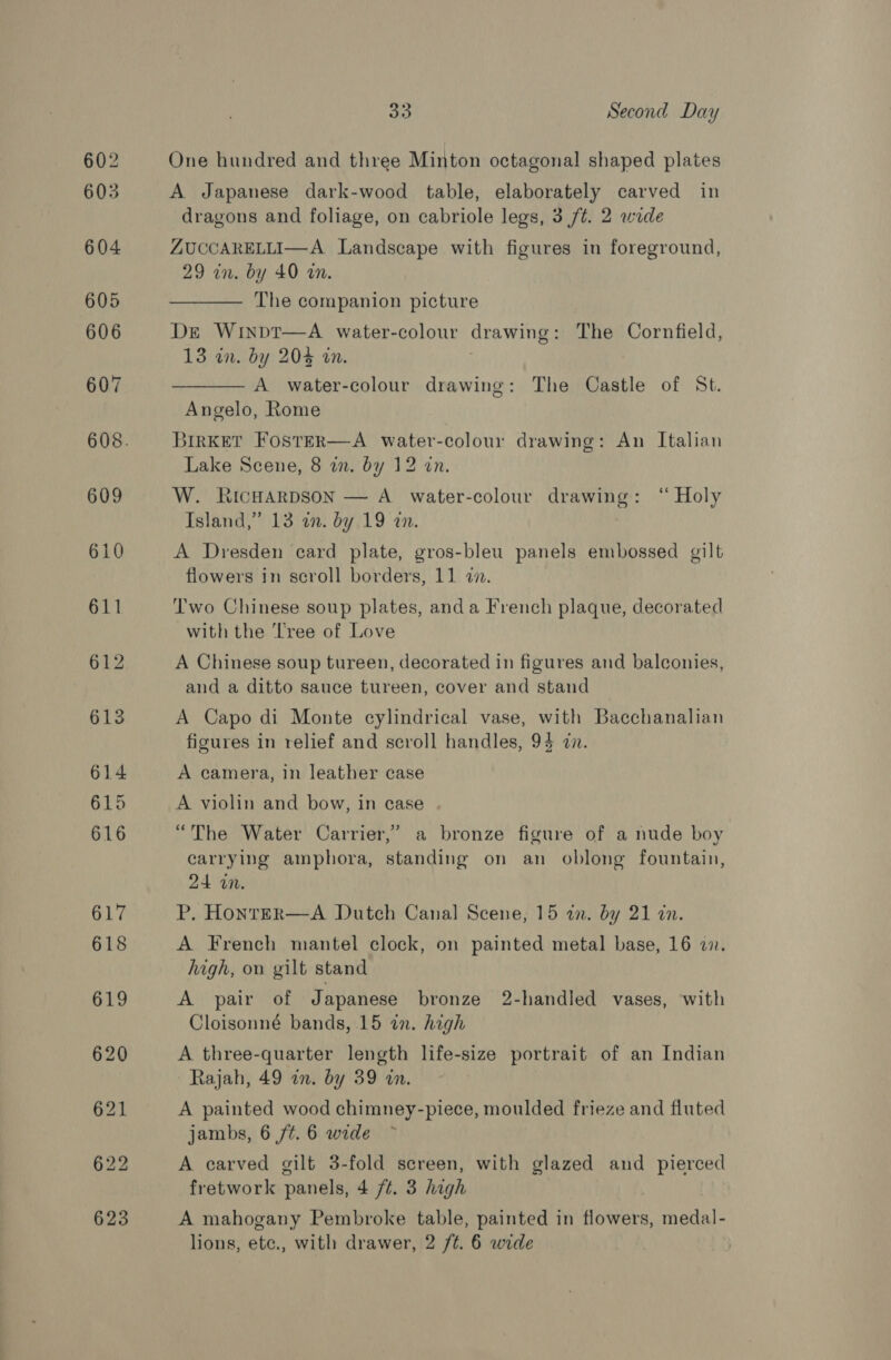 One hundred and three Minton octagonal shaped plates A Japanese dark-wood table, elaborately carved in dragons and foliage, on cabriole legs, 3 /¢. 2 wide ZUCCARELLI—A. Landscape with figures in foreground, 29 in. by 40 an. The companion picture De Winpt—A water-colour drawing: The Cornfield, 13 in. by 204 in. A water-colour drawing: The Castle of St. Angelo, Rome BirKET FosteR—A water-colour drawing: An Italian Lake Scene, 8 in. by 12 an. W. RicHarDSON — A water-colour drawing: “ Holy Island,” 13 a. by 19 an. A Dresden card plate, gros-bleu panels embossed gilt flowers in scroll borders, 11 2.   Two Chinese soup plates, anda French plaque, decorated with the ‘Tree of Love A Chinese soup tureen, decorated in figures and balconies, and a ditto sauce tureen, cover and stand A Capo di Monte cylindrical vase, with Bacchanalian figures in relief and scroll handles, 94 an. A camera, in leather case A violin and bow, in case “The Water Carrier,” a bronze figure of a nude boy carrying amphora, standing on an oblong fountain, 24 an. P. HonrER—A Dutch Canal Scene, 15 an. by 21 zn. A French mantel clock, on painted metal base, 16 22. high, on gilt stand A pair of Japanese bronze 2-handled vases, with Cloisonné bands, 15 an. high A three-quarter length life-size portrait of an Indian Rajah, 49 in. by 39 an. A painted wood chimney-piece, moulded frieze and fluted jambs, 6 /¢. 6 wide A carved gilt 3-fold screen, with glazed and pierced fretwork panels, 4 /t. 3 high A mahogany Pembroke table, painted in flowers, medal-