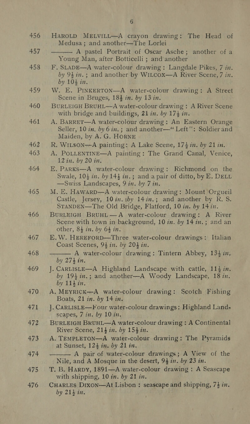 456 457 458 459 460 461 462 463 464 465 466 6 HAROLD MELVILL—A crayon drawing: The Head of Medusa; and another—The Lorlet A pastel Portrait of Oscar Asche; another of a Young Man, after Botticelli ; and’another F’, SLADE—A water-colour drawing: Langdale Pikes, 7 in. by 941m. ; and another by WILCOx—A River Scene, 7 in. by 104 in. W. E. PINKERTON—A water-colour drawing: A Street Scene in Bruges, 18} in. by 13 in. BURLEIGH BRUHL—A water-colour drawing : A River Scene with bridge and buildings, 21 in. by 174 in. A. BARRET—A water-colour drawing: An Eastern Orange Seller, 10 in. by 6in.; and another—“ Left”: Soldier and Maiden, by A. G. HORNE R. WILSON—A painting: A Lake Scene, 17471. by 21 in. A. POLLENTINE—A painting: The Grand Canal, Venice, 12 in. by 20 in. E. PARKS—A water-colour drawing: Richmond on the Swale, 104 in. by 144 in.; anda pair of ditto, by E. DELL —Swiss Landscapes, 9 in. by 7 in. M. &amp;. HAWARD—A water-colour drawing: Mount Orgueil Castle, Jersey, 10 in. 1by 14in.; and another by R. S. STANDEN—The Old Bridge, Flatford, 10 in. by 14 in. BURLEIGH BRUHL—A water-colour drawing: A River Scene with town in background, 10 in. by 14 in. ; and an other, 84 in. by 64 in. E.W. HEREFORD—Three water-colour drawings: Italian Coast Scenes, 941in. by 204 11. A water-colour drawing: Tintern Abbey, 134 im. by 274 in. J. CARLISLE—A Highland Landscape with cattle, 11} in. by 194in.; and another—A Woody Landscape, 18 in. by 11h in. A. MEYRICK—A water-colour drawing: Scotch Fishing Boats, 21 in. by 14 in. ]. CARLISLE—F our water-colour drawings: Highland Land- scapes, 7 in. by 10 in. BURLEIGH BRUHL—A water-colour drawing : A Continental River Scene, 21} in. by 154 in. A. TEMPLETON—A water-colour drawing: The Pyramids at Sunset, 124 im. by 21 in. | A pair of water-colour drawings; A View of the Nile, and A Mosque in the desert, 94 in. by 23 in. T. B. Harpy, 1891—A water-colour drawing : A Seascape with shipping, 10 in. by 21 in. CHARLES DIxoN—At Lisbon : seascape and shipping, 74 in. by 214 in.   