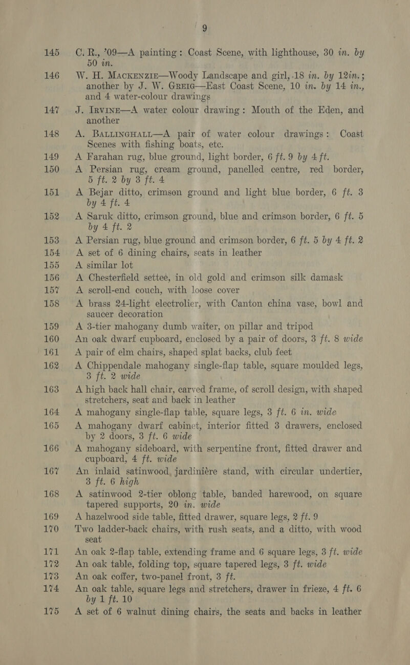 C. R., °09—A painting: Coast Scene, with lighthouse, 30 in. by 50 wn. W. H. Mackenzie—Woody Landscape and girl,.18 in. by 12in.; another by J. W. Greic—East Coast Scene, 10 in. by 14 in., and 4 water-colour drawings J. InvineE—A water colour drawing: Mouth of the Eden, and another A. BALLINGHALL—A pair of water colour drawings: Coast Scenes with fishing boats, etc. A Farahan rug, blue ground, light border, 6 ft.9 by 4 ft. A Persian rug, cream ground, panelled centre, red_ border, 5 ft. 2 by 3 ft. 4 A Bejar ditto, crimson ground and light blue border, 6 ft. 3 by 4 ft. 4 A Saruk ditto, crimson ground, blue and crimson border, 6 ft. 5 by 4 ft. 2 A Persian rug, blue ground and crimson border, 6 ft. 5 by 4 ft. 2 A set of 6 dining chairs, seats in leather A similar lot A Chesterfield settee, in old gold and crimson silk damask A seroll-end couch, with loose cover A brass 24-light electrolier, with Canton china vase, bowl and saucer decoration A 3-tier mahogany dumb waiter, on pillar and tripod An oak dwarf cupboard, enclosed by a pair of doors, 3 ft. 8 wide A pair of elm chairs, shaped splat backs, club feet A Chippendale mahogany single-flap table, square moulded legs, 3 ft. 2 wide A high back hall chair, carved frame, of scroll design, with shaped stretchers, seat and back in leather A mahogany single-flap table, square legs, 3 ft. 6 im. wide A mahogany dwarf cabinet, interior fitted 3 drawers, enclosed by 2 doors, 3 ft. 6 wide A mahogany sideboard, with serpentine front, fitted drawer and cupboard, 4 ft. wide An inlaid satinwood, jardiniére stand, with circular undertier, 3 ft. 6 high A satinwood 2-tier oblong table, banded harewood, on square tapered supports, 20 in. wide A hazelwood side table, fitted drawer, square legs, 2 ft. 9 Two ladder-back chairs, with rush seats, and a ditto, with wood seat An oak 2-flap table, extending frame and 6 square legs, 3 ft. wide An oak table, folding top, square tapered legs, 3 ft. wide An oak coffer, two-panel front, 3 ft. An oak table, square legs and stretchers, drawer in frieze, 4 ft. 6 by 1 ft. 10 A set of 6 walnut dining chairs, the seats and backs in leather