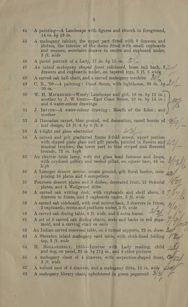 44 45 ~ oO A painting—A Landscape with figures and church in foreground, 14 in. by 19 in. A mahogany cabinet, the upper part fitted with 9 drawers and shelves, the interior of the doors fitted with small cupboards and recesses, secretaire drawer in centre and cupboard under, 3 ft. wide A pastel portrait of a Lady, 17 in. by 15 in. Bi drawers and cupboards under, on tapered legs, 6 ft. 6 wide, A carved oak hall chair, and a carved mahogany torchére .*/ &amp; C. R., 709—A painting: Coast Scene, with lighthouse, 30 in. by» 50 in.  another by J. W Greic—LHast Coast Scene, 10 im. by 14 in and 4 water-colour drawings J. Invine—A water-colour nes Mouth of the Eden; and another A Hamadan carpet, blue ground, red decoration, camel border of leaf design, 13 ft. 4 by 6 ft. 8 A 4-light cut glass electrolier bok Jy A carved and gilt graduated frame 3-fold screen. upper portion musical trophies, the lower part in blue striped and flowered brocade, 72 in. high An electric table lamp, with cut glass bead festoons and «rops, high A Limoges dessert service, cream ground, gilt floral border, com- prising 18 plates and 8 compotiers Fourteen dessert plates and 3 dishes, decorated fruit, 12 Oriental plates, and 4 Wedgwood ditto drawers in frieze, and 2 cupboards under, 5 ft. wide A carved oak sideboard, with oval mirror back, 2 drawers in frieze, 2 cupboards, recess, and platform under, 5 it. wide of Bi J ob « A carved oak dining table, 4 ft. wide, and 8 extra leaves “=, moid, and a carving chair en suite An Indian ‘carved rosewood table, on 4 turned supports, 22 in. diam. - top, 3 ft. wide and dog, on panel, 23 in. by 174 m., and 4 other pictures A mahogany chest of 4 drawers, with serpentine-shaped front, 3 ft. wide A mahogany library chair, upholstered in green pegamoid V4 of