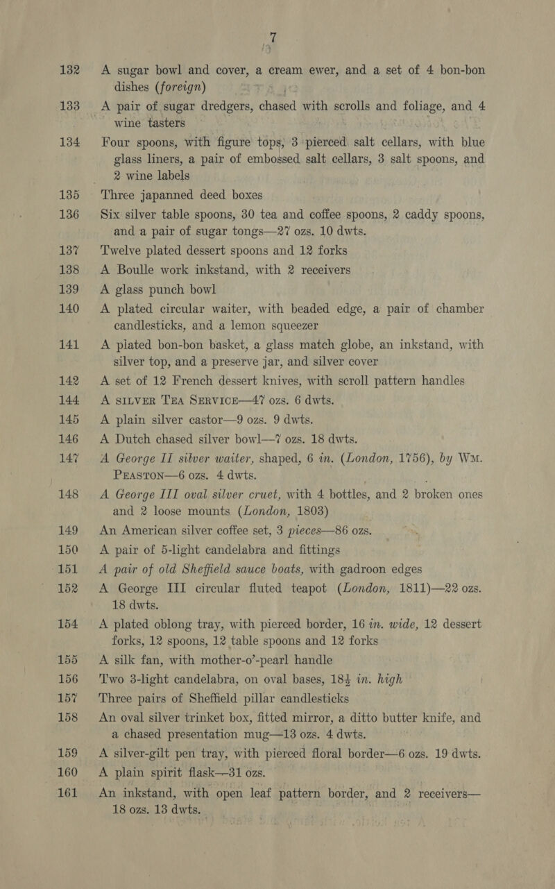 132 133 1“ ie A sugar bowl and cover, a cream ewer, and a set of 4 bon-bon dishes (foreign) wine tasters Four spoons, with figure tops, 3° ne salt eee with ine glass liners, a pair of embossed salt cellars, 3 salt spoons, and 2 wine labels | Six silver table spoons, 30 tea and coffee spoons, 2 caddy spoons, and a pair of sugar tongs—27 ozs, 10 dwts. Twelve plated dessert spoons and 12 forks A Boulle work inkstand, with 2 receivers A glass punch bowl A plated circular waiter, with beaded edge, a pair of chamber candlesticks, and a lemon squeezer A piated bon-bon basket, a glass match globe, an inkstand, with silver top, and a preserve jar, and silver cover A set of 12 French dessert knives, with scroll pattern handles A SILVER TEA SERVICE—47 ozs. 6 dwts. A plain silver castor—9 ozs. 9 dwis. A Dutch chased silver bowl—7 ozs. 18 dwts. A George II silver waiter, shaped, 6 in. (London, 1756), by Wm. PEASTON—6 ozs. 4 dwts. , A George III oval silver cruet, with 4 bottles, and 2 broken ones and 2 loose mounts (London, 1803) An American silver coffee set, 3 pieces—86 ozs. A pair of 5-light candelabra and fittings A pair of old Sheffield sauce boats, with gadroon edges A George III circular fluted teapot (London, 1811)—22 ozs. 18 dwts. A plated oblong tray, with pierced border, 16 im. wide, 12 dessert forks, 12 spoons, 12 table spoons and 12 forks A silk fan, with mother-o’-pearl handle Two 3-light candelabra, on oval bases, 184 in. high Three pairs of Sheffield pillar candlesticks An oval silver trinket box, fitted mirror, a ditto butter knife, and a chased presentation mug—13 ozs. 4 dwts. A silver-gilt pen tray, with pierced floral border—6 ozs. 19 dwts. A plain spirit flask—31 ozs. An inkstand, with open leaf pattern border, and 2 receivers— 18 ozs. 13 dwts.