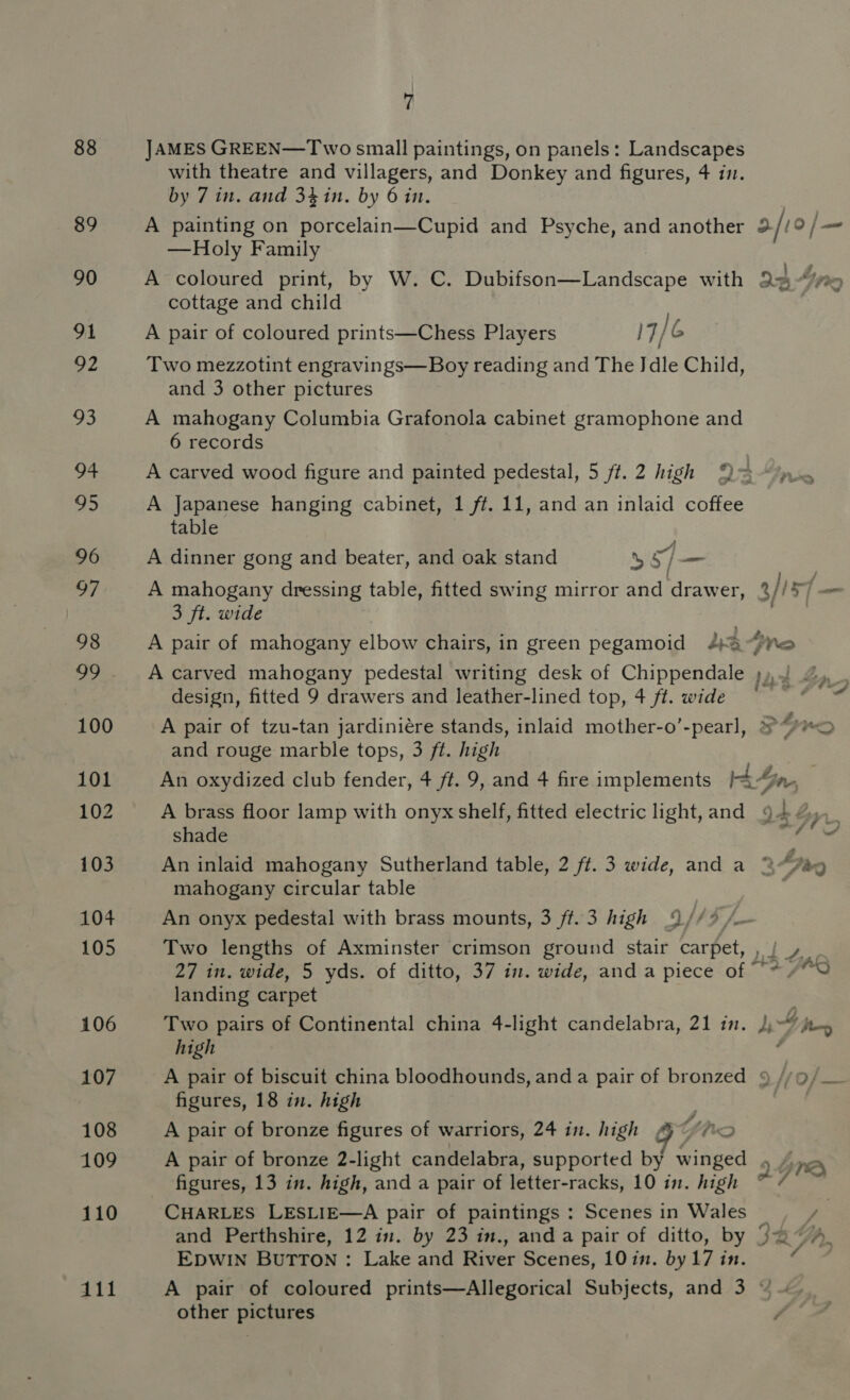 88 89 90 91 92 oe 9 95 96 a7 98 99 100 101 102 103 104 105 106 107 108 109 110 111 7 JAMES GREEN—Two small paintings, on panels: Landscapes with theatre and villagers, and Donkey and figures, 4 i. by 7 in. and 341n. by 6 in. A painting on porcelain—Cupid and Psyche, and another 2/19 / | —Holy Family A coloured print, by W. C. Dubifson—Landscape with 24 Te cottage and child | A pair of coloured prints—Chess Players 17/6 Two mezzotint engravings—Boy reading and The Jdle Child, and 3 other pictures A mahogany Columbia Grafonola cabinet gramophone and 6 records A carved wood figure and painted pedestal, 5 ff. 2 high 9 “mow A Japanese hanging cabinet, 1 ff. 11, and an inlaid coffee table A dinner gong and beater, and oak stand % 5] A mahogany dressing table, fitted swing mirror and draw er a/I5 sf — 3 ft. wide A pair of mahogany elbow chairs, in green pegamoid 2:4 A carved mahogany pedestal writing desk of Chippendale ))/ 2, . design, fitted 9 drawers and leather-lined top, 4 ft. wide = * = A pair of tzu-tan jardiniére stands, inlaid mother-o’-pearl, nO and rouge marble tops, 3 ft. high An oxydized club fender, 4 ft. 9, and 4 fire implements Hr A brass floor lamp with onyx shelf, fitted electric light, and 4 t Dy_, shade Pane An inlaid mahogany Sutherland table, 2 ft. 3 wide, and a %“Jag mahogany circular table . An onyx pedestal with brass mounts, 3 ff. 3 high 9//? /- Two lengths of Axminster crimson ground stair carpet, , L Jn 27 in. wide, 5 yds. of ditto, 37 in. wide, and a piece of ~* 4 landing car ‘pet Two pairs of Continental china 4-light candelabra, 21 in. J fey high 6 A pair of biscuit china bloodhounds, and a pair of bronzed 9 //9/ figures, 18 in. high A pair of bronze figures of warriors, 24 in. high 4 Yh A pair of bronze 2-light candelabra, supported by winged , figures, 13 in. high, and a pair of letter-racks, 10 in. high @ CHARLES LESLIE—A pair of paintings : Scenes in Wales Vi, : and Perthshire, 12 in. by 23 in., anda pair of ditto, by 3a4 EDWIN BuTToN : Lake and River Scenes, 10 in. by 17 in. A pair of coloured prints—Allegorical Subjects, and 3 ~ other pictures