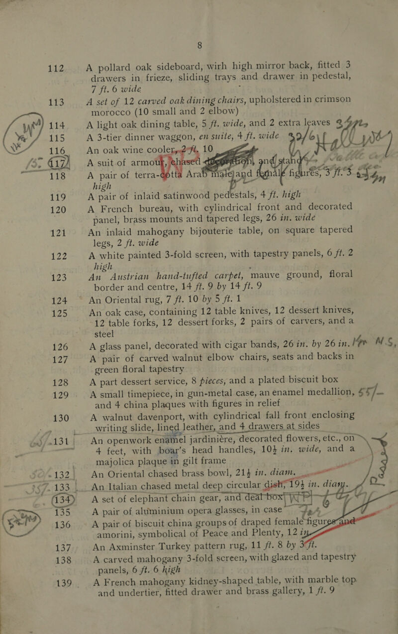 112 A pollard oak sideboard, wirh high mirror back, fitted 3 drawers in frieze, sliding trays and drawer in pedestal, 7 ft. 6 wide | 3 113 A set of 12 carved oak dining chairs, upholstered in crimson morocco (10 small and 2 elbow) A light oak dining table, 5 ft. wide, and 2 extra leaves 29725 A 3-tier dinner waggon, en suite, 4 ft. wid o/ Hh @ tase ier dinner wagg Li J ide Hr) An oak wine cooletipdft, 10 ccPmag A suit of armouf, eh Seger nt on, gnd stands A pair of terra-eotte Arab mate and ln If figures, *    we” high Dey 119 A At of inlaid satinwood pedestals, 4 ft. high 120 A French bureau, with cylindrical front and decorated panel, brass mounts and tapered legs, 26 in. wide 121 An inlaid mahogany bijouterie table, on square tapered legs, 2 ft. wide 122 A white painted 3-fold screen, with tapestry panels, 6. fire high j 123 An Austrian hand-tufted carpet, mauve ground, floral border and centre, 14 ft. 9 by 14 ft. 9 124 ~~ An Oriental rug, 7 ft. 10 by bike! 125 An oak case, containing 12 table knives, 12 dessert knives, 12 table forks, 12 dessert forks, 2 pairs of carvers, anda steel 126 A glass panel, decorated with cigar bands, 26 in. by 26 in. M4 MS, 27 A pair of carved walnut elbow chairs, seats and backs in | green floral tapestry 128 A part dessert service, 8 pieces, and a plated biscuit box 129 A small timepiece, in gun-metal case, an enamel medallion, $5] and 4 china plaques with figures in reliet 130 A walnut davenport, with cylindrical fall front enclosing ; _ __ writing slide, lined leather, and 4 drawers at sides (pd / 2131 An openwork enainel jardiniere, decorated flowers, etc., on ~% 4 feet, with boar’s head handles, 104 in. wide, and a majolica plaque in gilt frame as -132) An Oriental chased brass bowl, 214 in. diam. coo oft $7 133 An Italian chased metal deep circular dish; 194 in. dian. (134) A set of elephant chain gear, and deal box} \q ‘: o> ets A pair of aluminium opera glasses, in case ~ pg \ es 136 A pair of biscuit china groups of draped female figur amorini, symbolical of Peace and Plenty, 12 7 137 An Axminster Turkey pattern rug, 11 ft. 8 by 3¢7t. 138 A carved mahogany 3-fold screen, with glazed and tapestry panels, 6 ft. 6 high | 139 A French mahogany kidney-shaped table, with marble top. and undertier, fitted drawer and brass gallery, 1 fi. 9  