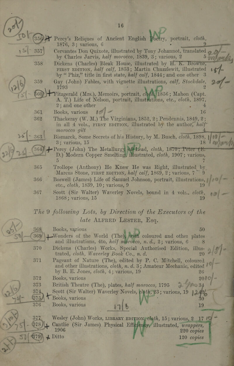 2 - gO Oar Perey’s Reliques of Ancient English Poetry, portrait, cloth,    1876, 3; various, 6 ’ 9 } S|: 357 Cervantes Don Quixote, illustrated by Tony Johannot, translated — by Charles Jarvis, half morocco, 1839, 3; various, 2 4 358 Dickens (Charles) Bleak House, Haettated by FIRST EDITION, half calf, 1853; Martin Gibissicwit illustrated usf- by “ Phiz,” title in first state, half calf, 1844; and one other 3 / t) 359 Gay (John) Fables, with Vignes aiariubhe calf, Seger 207 a (9 1793 VAL 7 “Os E64 vitzgerala (Mrs.), Memoirs, portrait, c/ 1856; Mahon os A. T.) Life of Nelson, portrait, illust¥ations, ete., cloth, 1897, 2; and one other ; 4 361 Baal various 16 362 Thackeray (W. M.) oc hg Virginians, 1852, 2; Pendennis, 1849, 2 ; in all 4 vols., FIRST EDITION, ‘illustrated by the author, “half” ‘ morocco gilt r¥ {> sea Bismarck, Some Secrets of y History, by M. Busch, cloth, by SF he 7 3; various, 15 ey jaert jlo. A \ CoD 4-Perey (John) The Metall} Ain, cloth, 1 ; . 34j + 3 ee Modern Copper Smeltin ustrated, cloth, 1907 ; various, ? 365 Trollope (Anthony) He Knew He was Right, illustrated_by, Marcus Stone, FIRST EDITION, half calf, 1869, 2; various,7 9 366 Boswell (James) Life of ere Johnson, porenat illustrations, f/ ¢ of/—  etc., cloth, 1839, 10; various, 9 : 19 i 367 Scott (Sir Walter) Waverley Novels, bound in 4 vols., cloth, up/ por. 1868; various, 15 19 ; The 9 following Lots, by Direction of the Executors of ng late ALFRED LEsTER, Esq. 50    Books, various * ee 369/\4-Wonders of the World (The) coloured and other phe Ps cr and illustrations, 4to, half roeco, n. d.; 2; various, 6 370 Dickens (Charles) Works, Special Alnthatsds Edition, nine ae } ¥ Je. trated, cloth, Waverley Book Co., n. d. 371 Pageant of Nature (The), edited by P. C. Mitchell, oie Bis and other illustrations, cloth, n. d. 3; Amateur Mechanic, edited ‘~ by B. E. Jones, cloth, 4; es, io 26 oa 372 Books, various , 20 ii - ) 373 _ British Theatre (The), plates, half morocco, 1795. MS Books, various Scott (Sir Walter) Waverley Novels, We various, 19 } Sars Books, various in| ‘         th, 15; various, 2 * illustrated, wrappers, 220 copies 120 copies 37 Wesley (John) Works, LIBRARY EDITION; ~s way Cantlie (Sir James) Physical E = 1906 2y7s cam Sh SIN, 4. Ditto 2  } \. 4 te, ~! a 