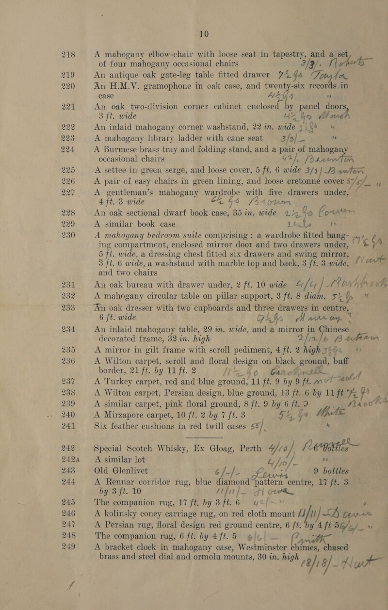 A mahogany elbow-chair with loose seat in tapestry, and a set of four mahogany occasional chairs 3/3). f 1 hee 5 An antique oak gate-leg table fitted drawer 296 Toby Am An H.M.V. gramophone in oak case, and twenty- SIX fee: in case AAGA a An oak two-division corner cabinet enclosed by panel doors 3 ft. wide Li ba AE rd An inlaid mahogany corner washstand, 22 i. wide 4 | Ua u A mahogany library ladder with cane seat 3/s/_  A Burmese brass tray and folding stand, and a pair of mahogany occasional chairs Gt), [pps A settee in green serge, and loose cover, 5 ft. 6 ue 3/3} -Baeten A pair of easy chairs in green lining, and loose eretonne cover S/s/_. # A gentleman’s mahogany wardrobe with ie drawers under, A ft. 3 wide or GS (34 om } An oak sectional dwarf book case, 35 in. ee Lhe, Qs four A similar book case 9 taQa be A mahogany bedroom suite comprising : a wardrobe fitted hang- ing compartment, enclosed mirror door and two drawers under, | © 5 ft. wide, a dressing chest fitted six drawers and swing mirror, 3 ft. 6 wide, a washstand with marble top and back, 3 ft. 3 wide, *' ™ and two chairs Sf An oak bureau with drawer under, 2 ft. 10 wide Lif cy | AVON A mahogany circular table on nila support, 3 ft. 8 diam. &gt; ais N An oak dresser with two cupboards and ate vig he, in COnUre, 6 ft. wide O44 a! JM arr ay. * An inlaid mahogany table, 29 in. wide, and a mirror in Chinese decorated frame, 32.1. high 2/1 aS}e 4 Mar A mirror in gilt frame with scroll pediment, 4 ft. 2 high 2: tt A Wilton carpet, scroll and floral design on black ground, “butt border, 21 fi, by 11 ft. 2 te by Carokinnsed ry, A Turkey carpet, red and blue sround, gD by 9 ft. aT meee” A Wilton carpet, Persian design, blue ground, 13 ft. 6 ie ligte ys § / 4 A Mirzapore carpet, 10 ft. 2. by 7 ft. 3 os Six feather cushions in red twill cases 5%/ I Special Scotch Whisky, Ex Gloag, Perth 4/10) se COKE A similar lot “yf mi v: fe Old Glenlivet 6/-f- Py lil” § 9 dottles A Rennar corridor rug, blue diamond pattern centre, 17 ft. 3 by 3 ft. 10 fifo Poti B axice: The companion rug, 17 ft. by 3ft.6 f- é A kolinsky coney erogl rug, on red cloth mount ///// 1] DY bn ¢ he The companion rug, 6 ft. by 4ft.5 gi — (% A bracket clock in ant beat case, Westminster titimes, chased