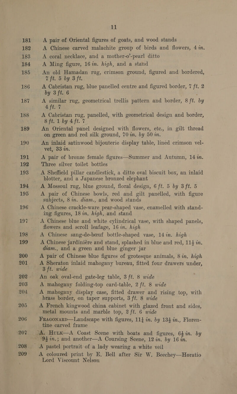 208 209 11 A pair of Oriental figures of goats, and wood stands A Chinese carved malachite group of birds and flowers, 4 i. A coral necklace, and a mother-o’-pearl ditto A Ming figure, 167i. high, and a stand An old Hamadan rug, crimson ground, figured and bordered, Tft. 5 by 3 ft. A Cabristan rug, blue panelled centre and figured border, 7 be 2 by 3 ft. 6 A similar rug, geometrical trellis pattern and border, 8 ft. a 4 ft. 7 A Cabristan rug, panelled, with geometrical design and border, 8 ft. 1 by 4 ft. 7 An Oriental panel designed with flowers, etc., in gilt thread on green and red silk ground, 70 im. by 50 wm. An inlaid satinwood bijouterie display table, lined crimson vel- vet, 33 i. A pair of bronze female figures—Summer and aout 14 in. Three silver toilet bottles A Sheffield pillar candlestick, a ditto oval biscuit box, an inlaid blotter, and a Japanese bronzed elephant A Mossoul rug, blue ground, floral design, 6 ft. 5 by 3 ft. 5 A pair of Chinese bowls, red and gilt panelled, with figure subjects, 8 im. diam., and wood stands A Chinese Racer pear-shaped vase, enamelled with stand- ing figures, 18 in. high, and stand A Chinese blue and white cylindrical vase, with shaped panels, flowers and scroll leafage, 16 in. high A Chinese sang-de-beeuf bottle-shaped vase, 14 in. high A Chinese jardiniére and stand, splashed in blue and red, 114 in. diam., and a green and blue ginger jar A pair of Chinese blue figures of grotesque animals, 8 in. high A Sheraton inlaid mahogany bureau, fitted four drawers under, 3 ft. wide An oak oval-end gate-leg table, 3 ft. 8 wide A mahogany folding-top card-table, 2 ft. 8 wide A mahogany display case, fitted drawer and rising top, with brass border, on taper supports, 3 ft. 8 wide A French kingwood china cabinet with glazed front and sides, metal mounts and marble top, 2 ft. 6 wide FRraconarp—Landscape with figures, 114 in. by 134 in., Floren- tine carved frame A coloured print by E. Bell after Sir W. Beechey—Horatio Lord Viscount Nelson