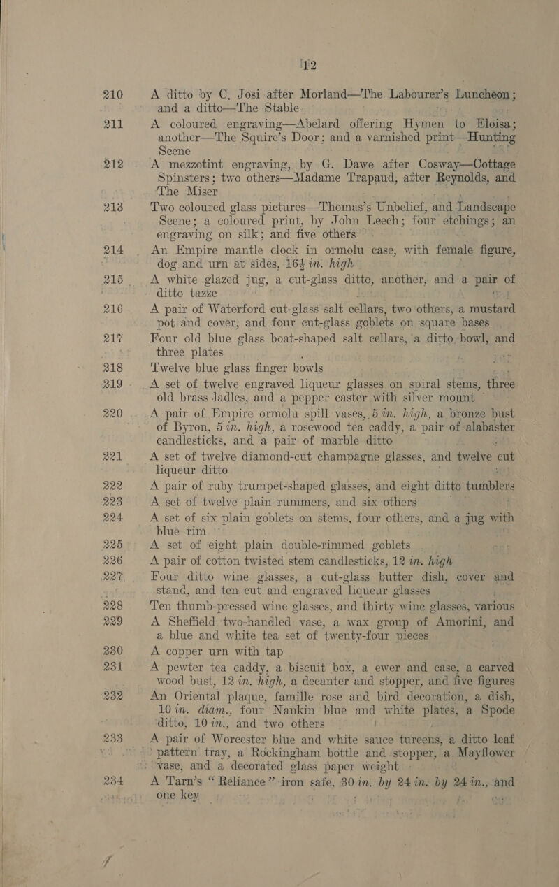210 211 12 A ditto by C, Josi after Morland—The Labourer’s Luncheon and a ditto—The ‘Stable A coloured engraving—Abelard offering Hymen Ait Hicies 4 another—The Squire’s Door; and a varnished print—Hunting Scene A mezzotint engraving, by G. Dawe after Cossrage SUeiaanee Spinsters; two others—-Madame ‘aera after Reynolds, and The Miser Two coloured glass pictures—Thomas’s Unbelief, far Tan dscape Scene; a coloured print, by John Leech; four apie an engraving on silk; and five others — An Empire ne clock in ormolu case, with female sont dog and urn at sides, 164 in. high A white glazed jug, a cut- glass gee another, and a par of ditto tazze . a A pair of Waterford cut-glass salt thee! two others, a , aa pot and cover, and. four cut-glass eoblets on ‘square ‘bases Four old blue glass boat-shaped salt cellars, a ditto -bowl, and three plates Twelve blue glass finger bowls A set of twelve engraved liqueur glasses on spiral denn nae old brass -ladles, and a pepper caster with silver mount ~ A pair of Empire ormolu spill vases,,5 in. high, a bronze bust of Byron, 5 in. high, a rosewood tea caddy, a pair of: alabaster candlesticks, and a pair of marble ditto A set of twelve diamond-cut champagne glasses, and twelve cut liqueur ditto A pair of ruby trumpet- shaped ibksdill and eight ditto tumblers A set of twelve plain rtimmers, and six others A set of six plain goblets on stems, four others, and a jug with blue rim ° | A. set of eight plain double-rimmed goblets A pair of cotton twisted stem candlesticks, 12 a. high Four ditto wine glasses, a cut-glass butter dish, cover and stand, and ten cut and engraved liqueur glasses Ten thumb-pressed wine glasses, and thirty wine glasses, various A Sheffield two-handled vase, a wax group of Amorini, and a blue and white tea set of twenty-four pieces A copper urn with tap | A pewter tea caddy, a. biscuit box, a ewer and case, a carved wood bust, 12 in. high, a decanter and stopper, and five figures An Oriental plaque, famille rose and bird decoration, a dish, 10 im. diam., four Nankin blue Pais white plates, a Spode ditto, 10i., and two others — pattern tray, a Rockingham bottle and ‘stopper, a. Mayflower A Tarn’s “Reliance” iron safe, 30 in. by 24 in. by 24 m., and one key ae . me F on