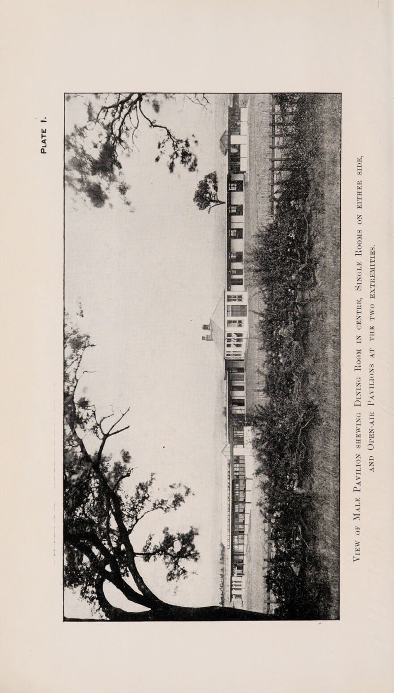 Plate View of Male Pavilion shewing Dining Room in centre, Single Rooms on either side, and Open-air Pavilions at the two extremities.